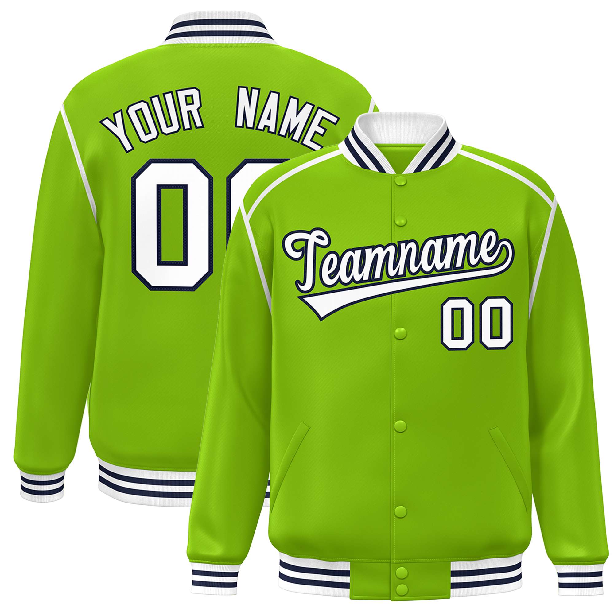 Custom Neon Green White-Navy Color Block Ribbon Varsity Full-Snap Bomber Jacket