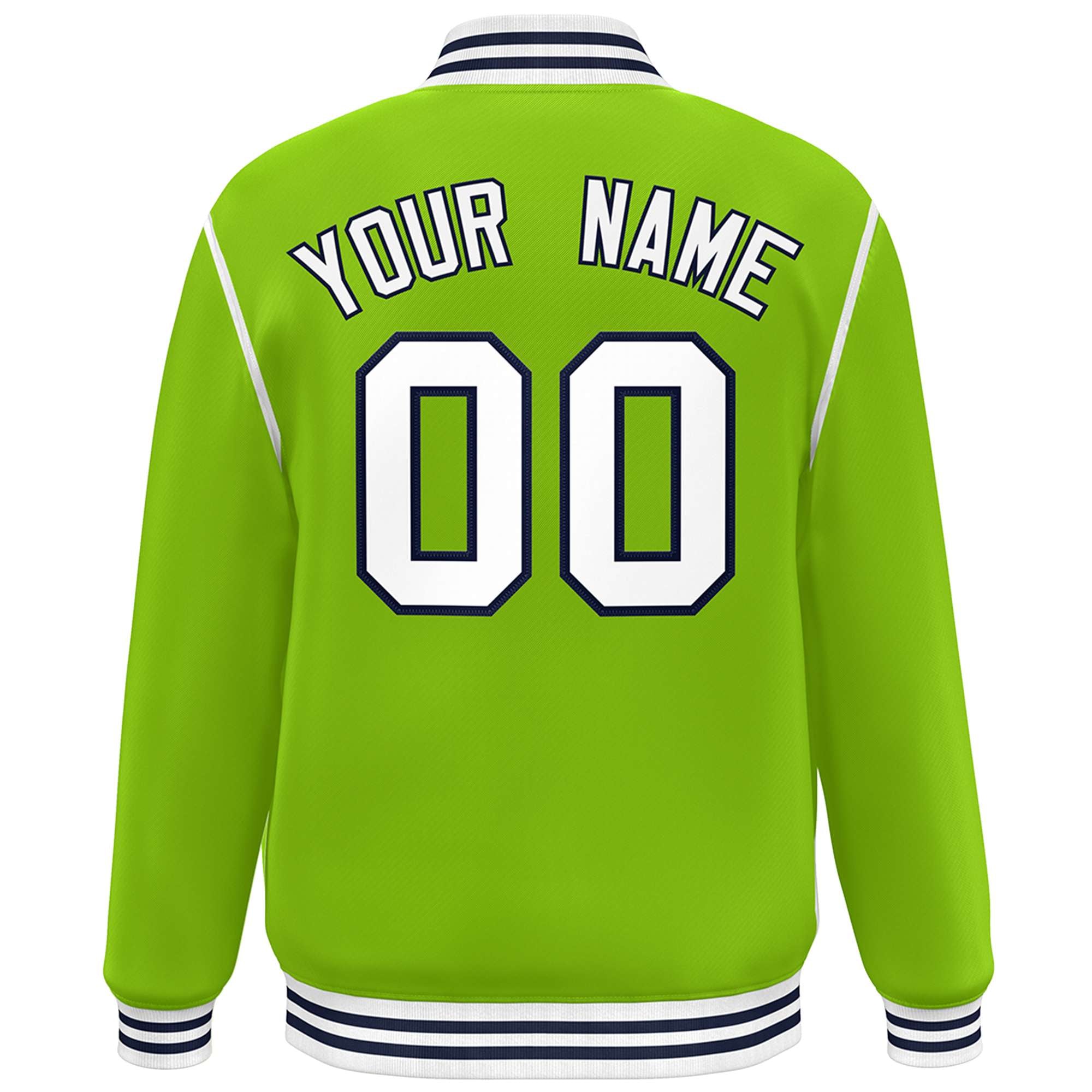 Custom Neon Green White-Navy Color Block Ribbon Varsity Full-Snap Bomber Jacket