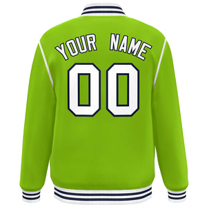 Custom Neon Green White-Navy Color Block Ribbon Varsity Full-Snap Bomber Jacket