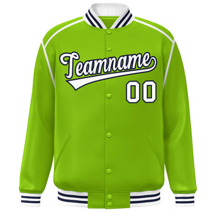 Custom Neon Green White-Navy Color Block Ribbon Varsity Full-Snap Bomber Jacket