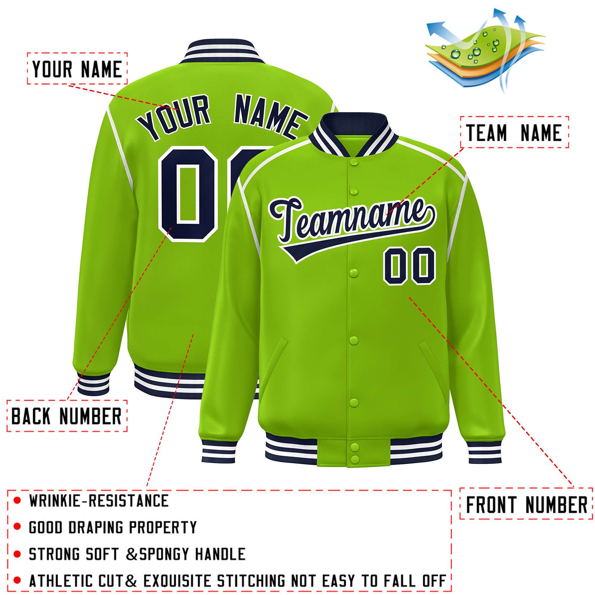 Custom Neon Green Navy-White Color Block Ribbon Varsity Full-Snap Bomber Jacket