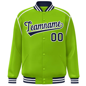 Custom Neon Green Navy-White Color Block Ribbon Varsity Full-Snap Bomber Jacket