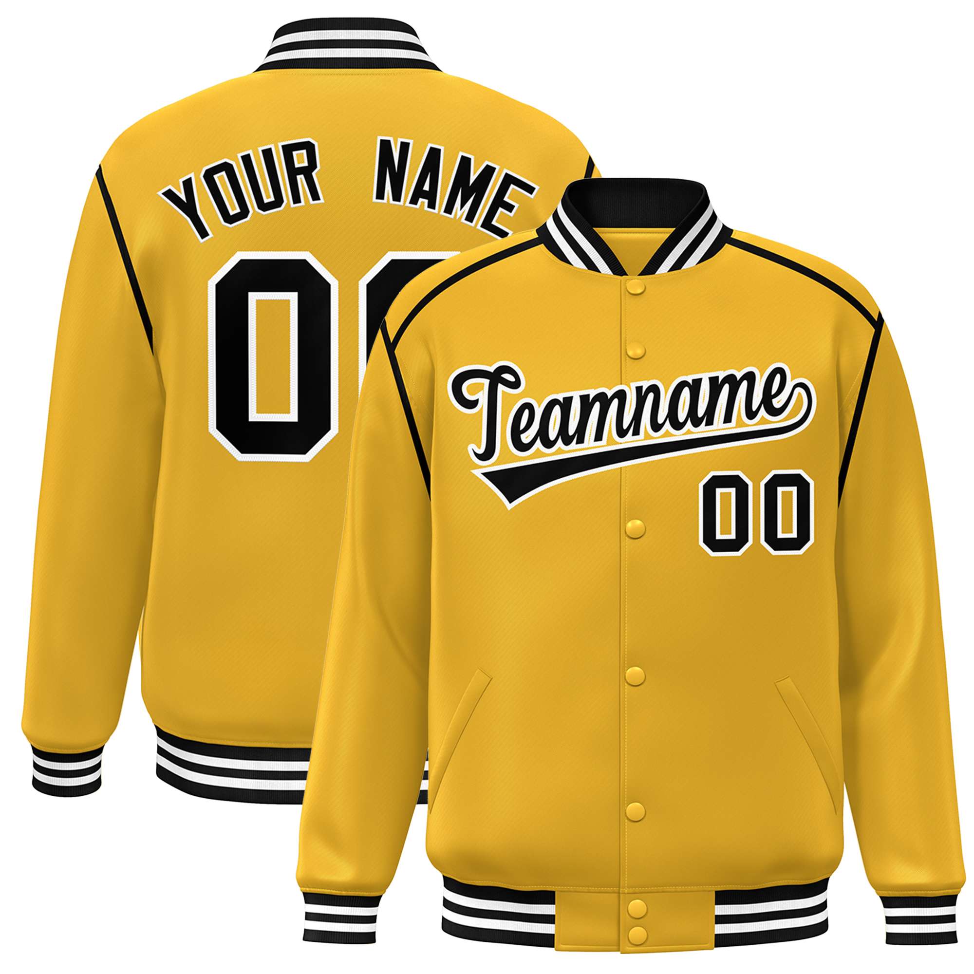 Custom Yellow Black-White Color Block Ribbon Varsity Full-Snap Bomber Jacket