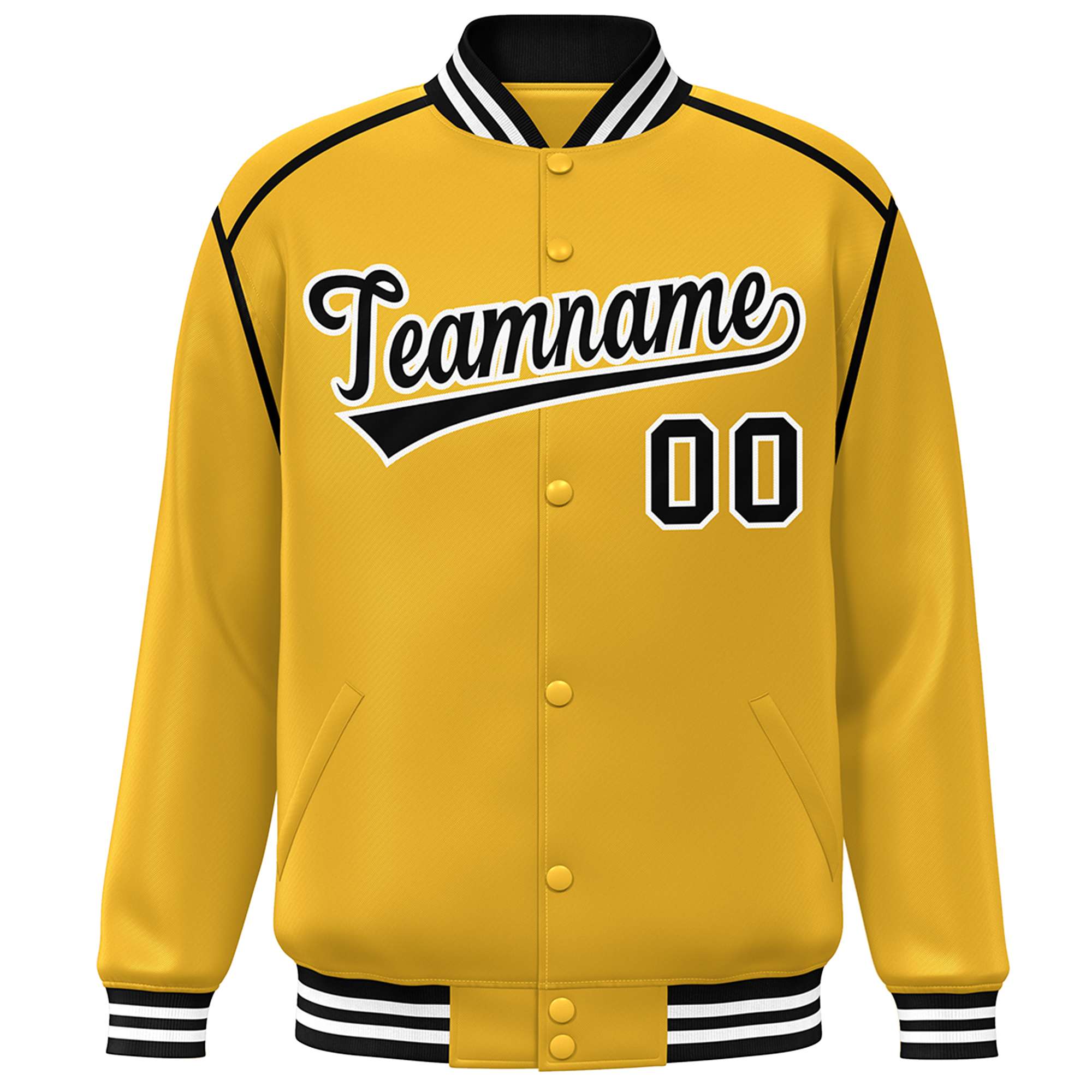 Custom Yellow Black-White Color Block Ribbon Varsity Full-Snap Bomber Jacket