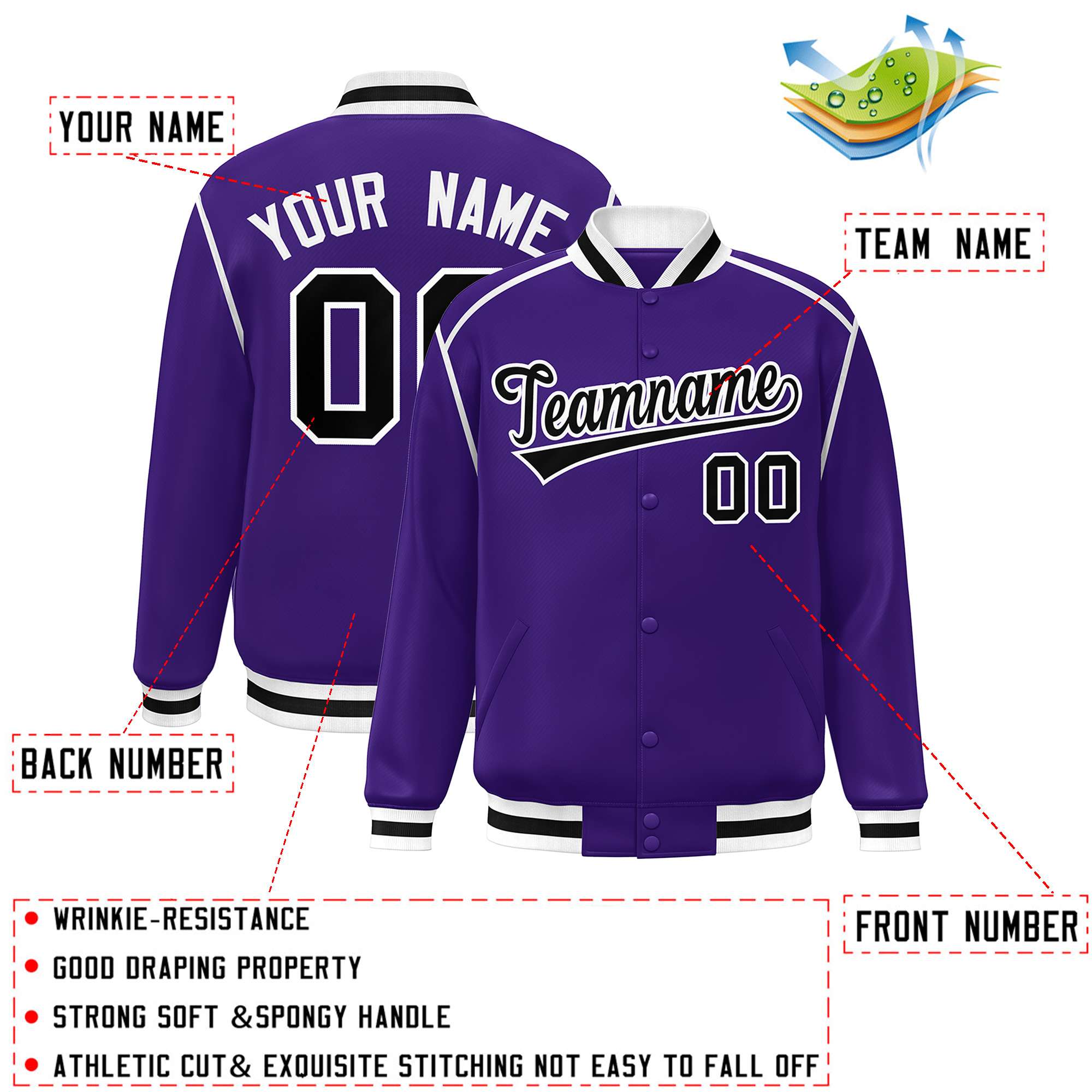 Custom Purple Black-White Color Block Ribbon Varsity Full-Snap Bomber Jacket