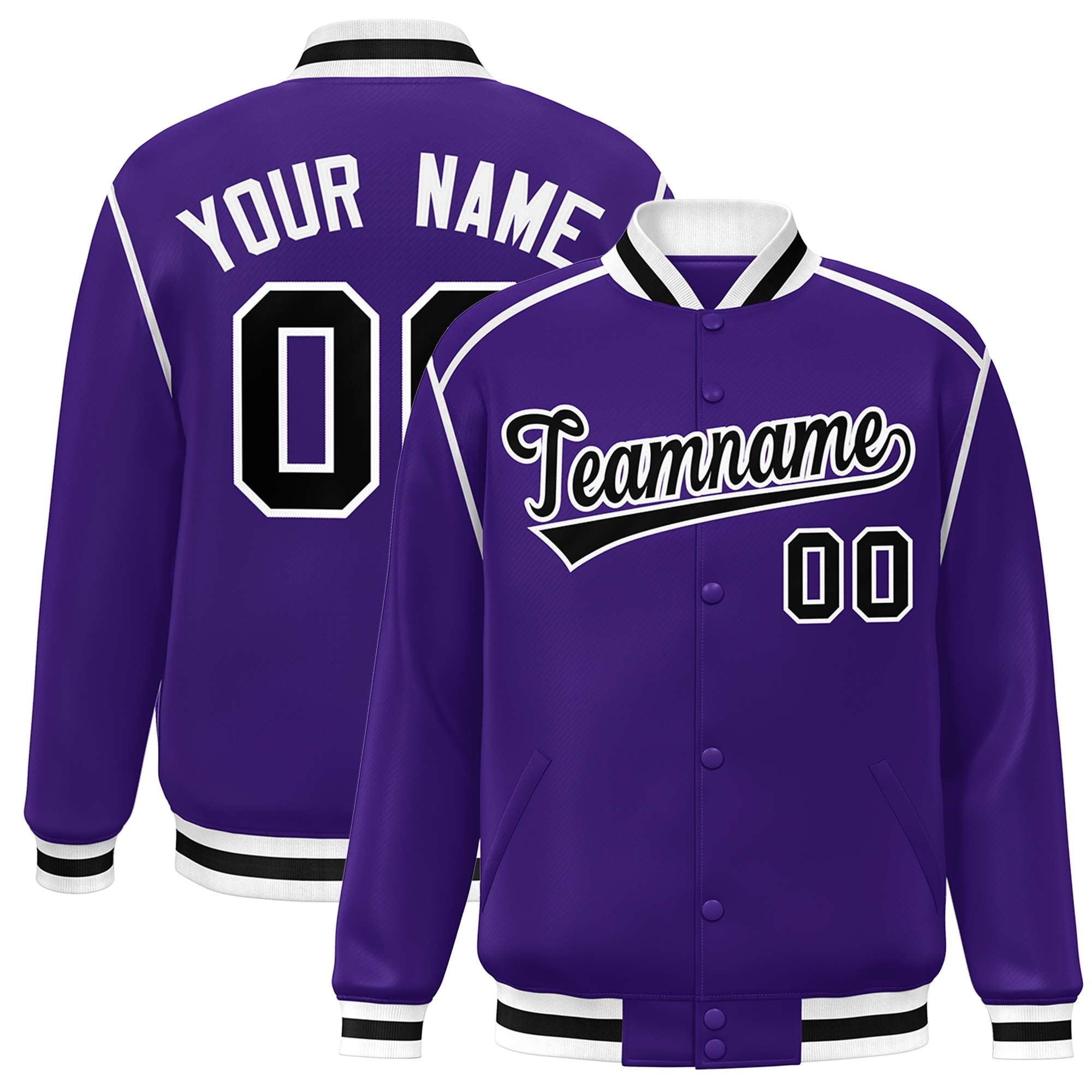 Custom Purple Black-White Color Block Ribbon Varsity Full-Snap Bomber Jacket