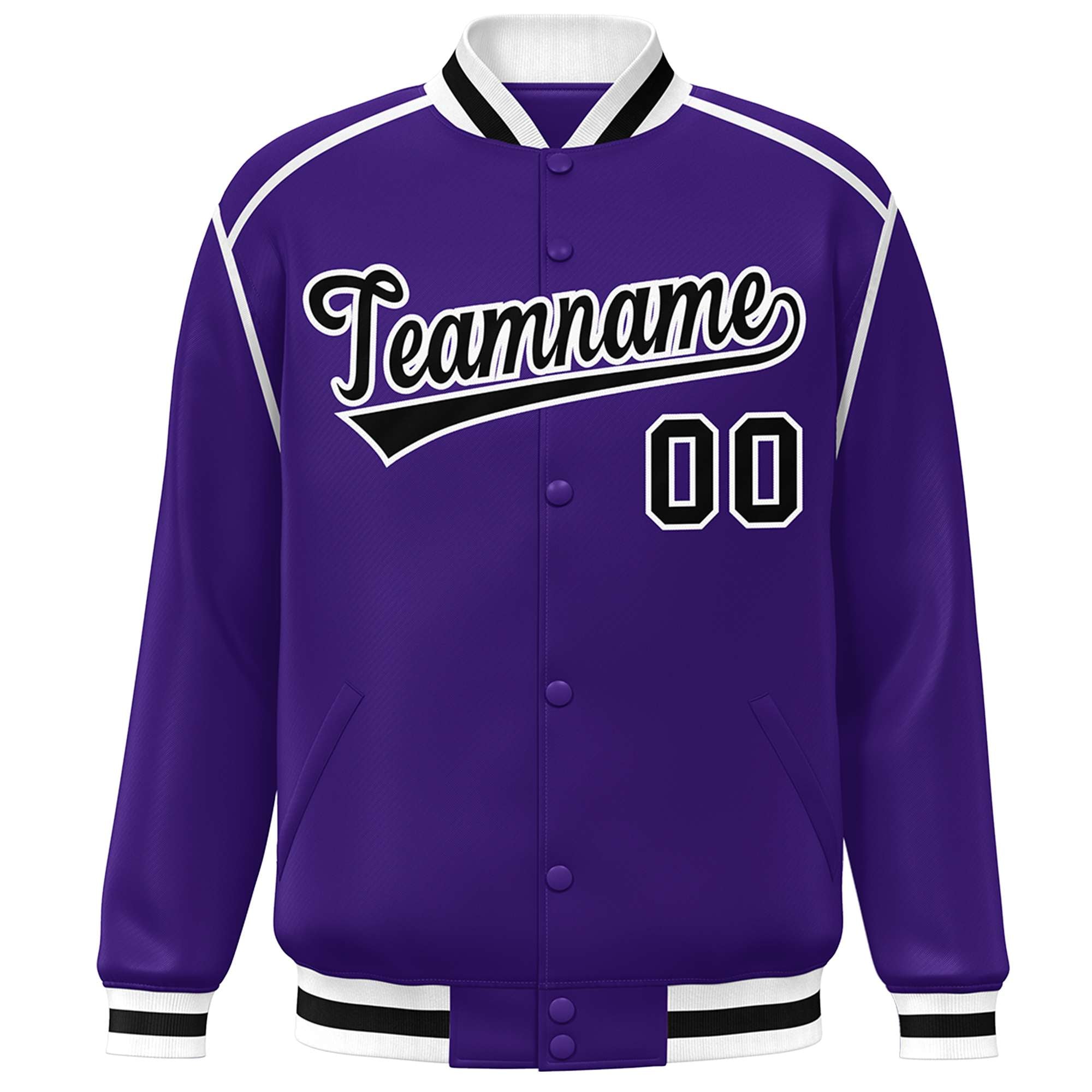 Custom Purple Black-White Color Block Ribbon Varsity Full-Snap Bomber Jacket