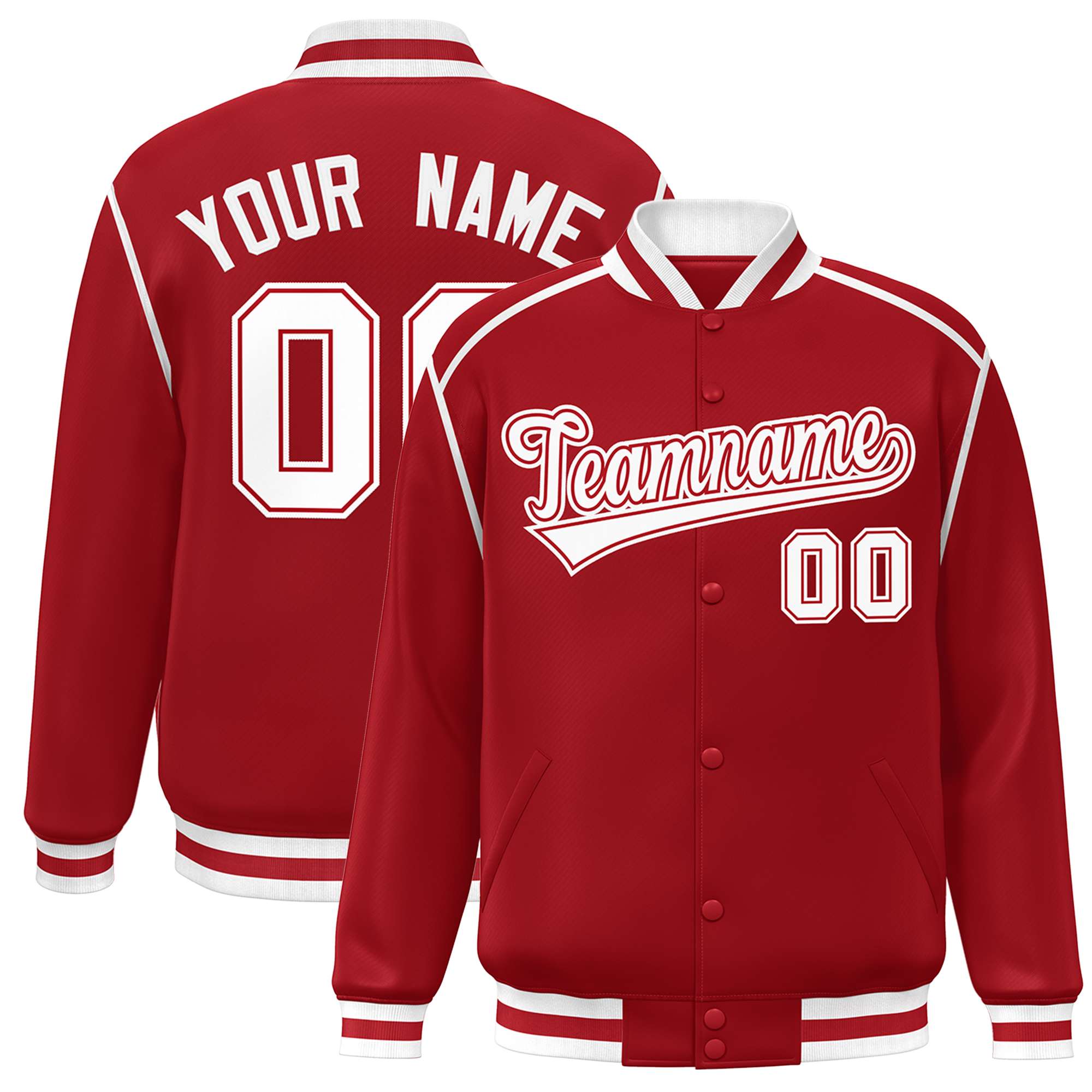 Custom Red White Color Block Ribbon Varsity Full-Snap Bomber Jacket