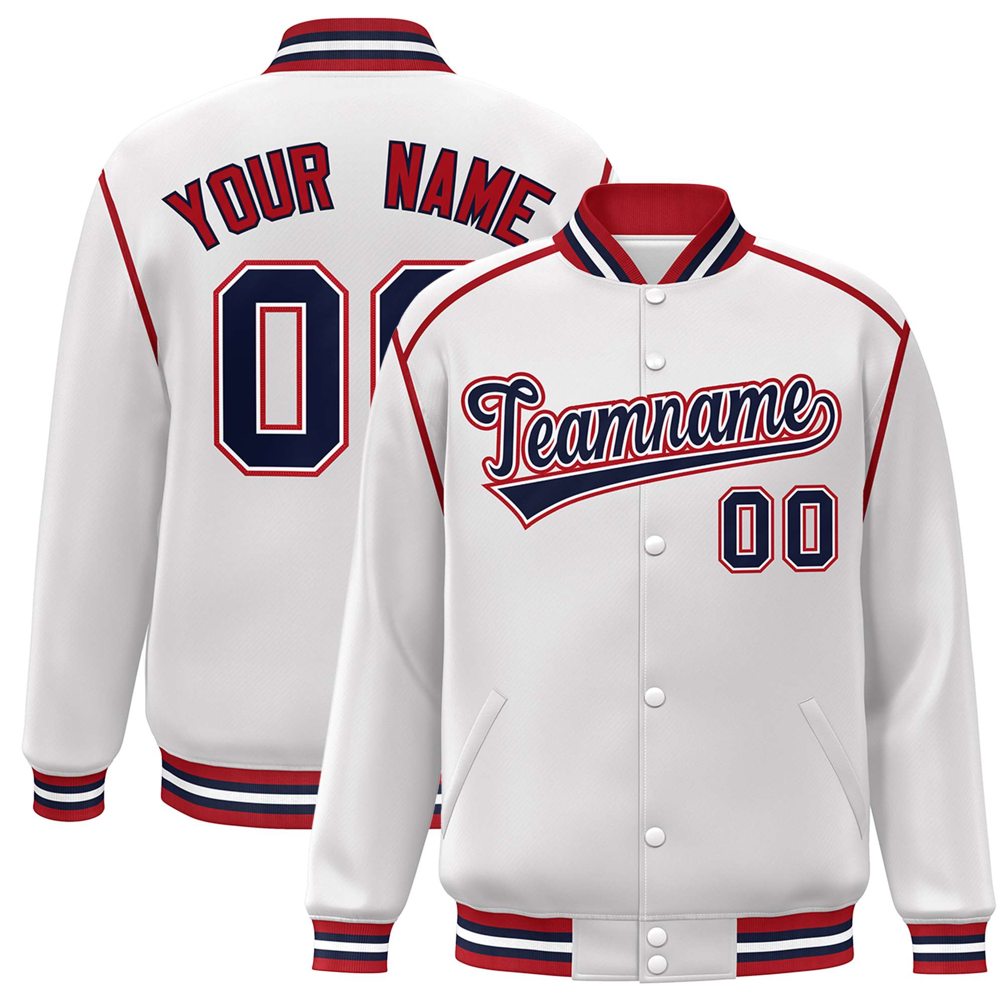 Custom White Navy-Red Color Block Ribbon Varsity Full-Snap Bomber Jacket