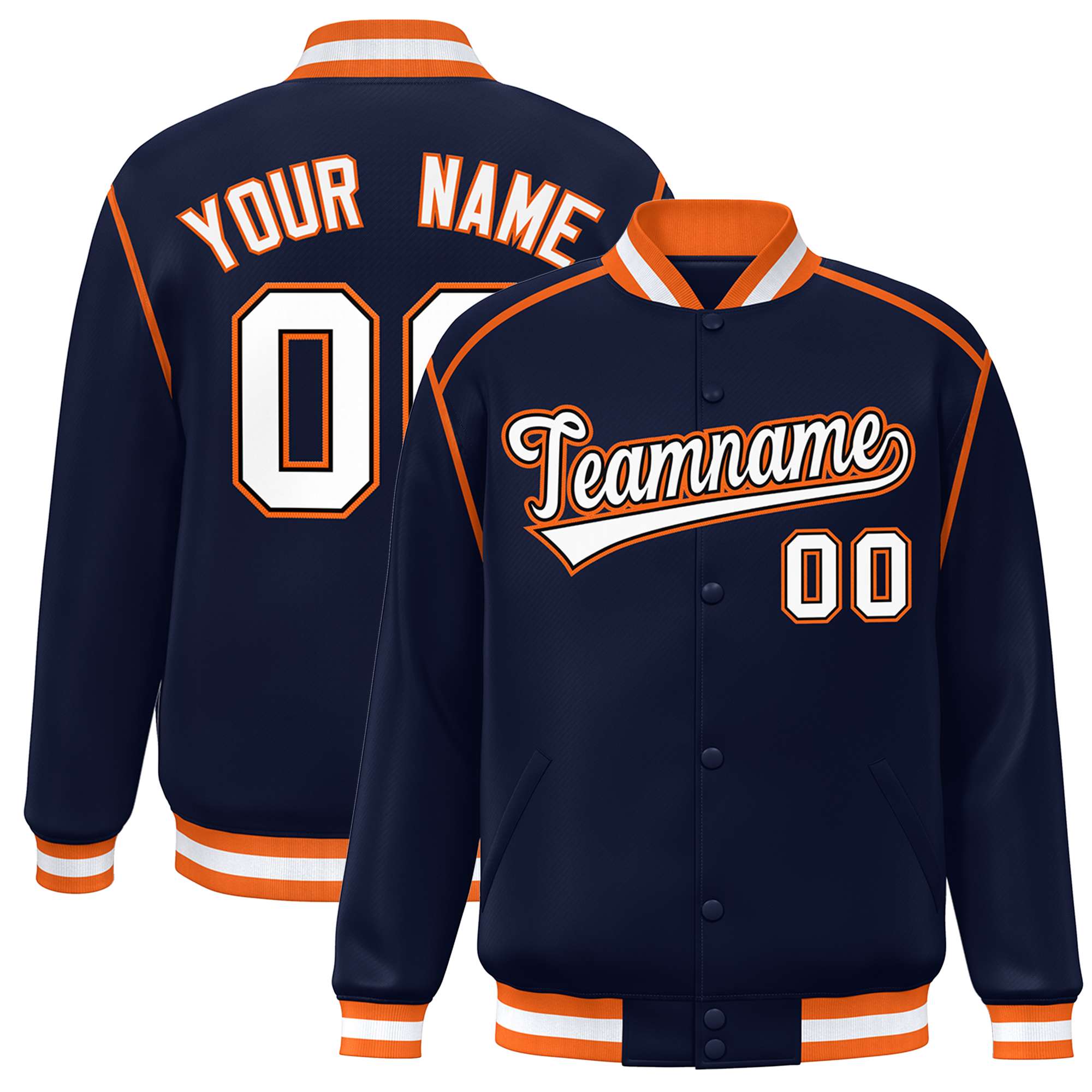 Custom Navy White-Orange Color Block Ribbon Varsity Full-Snap Bomber Jacket