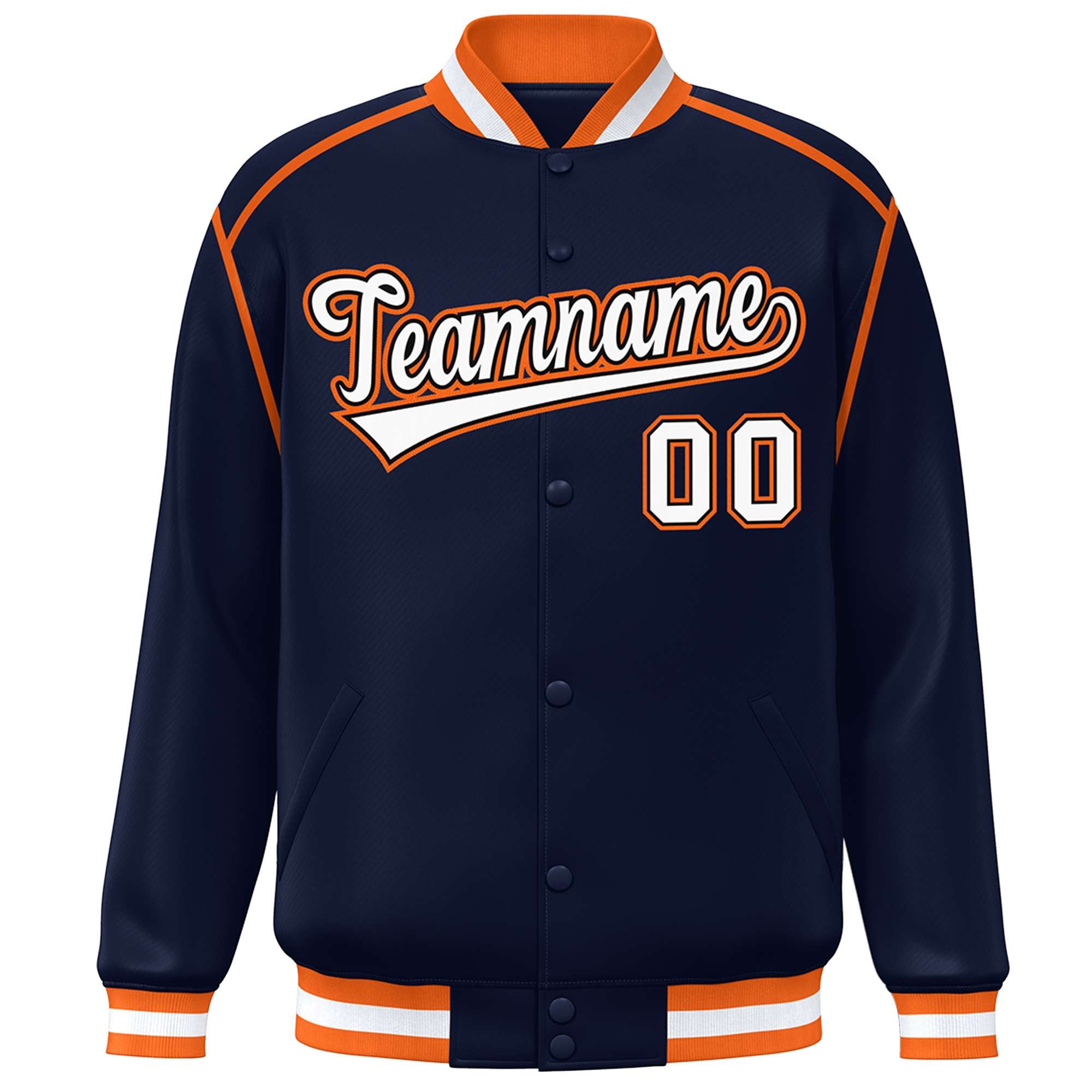 Custom Navy White-Orange Color Block Ribbon Varsity Full-Snap Bomber Jacket