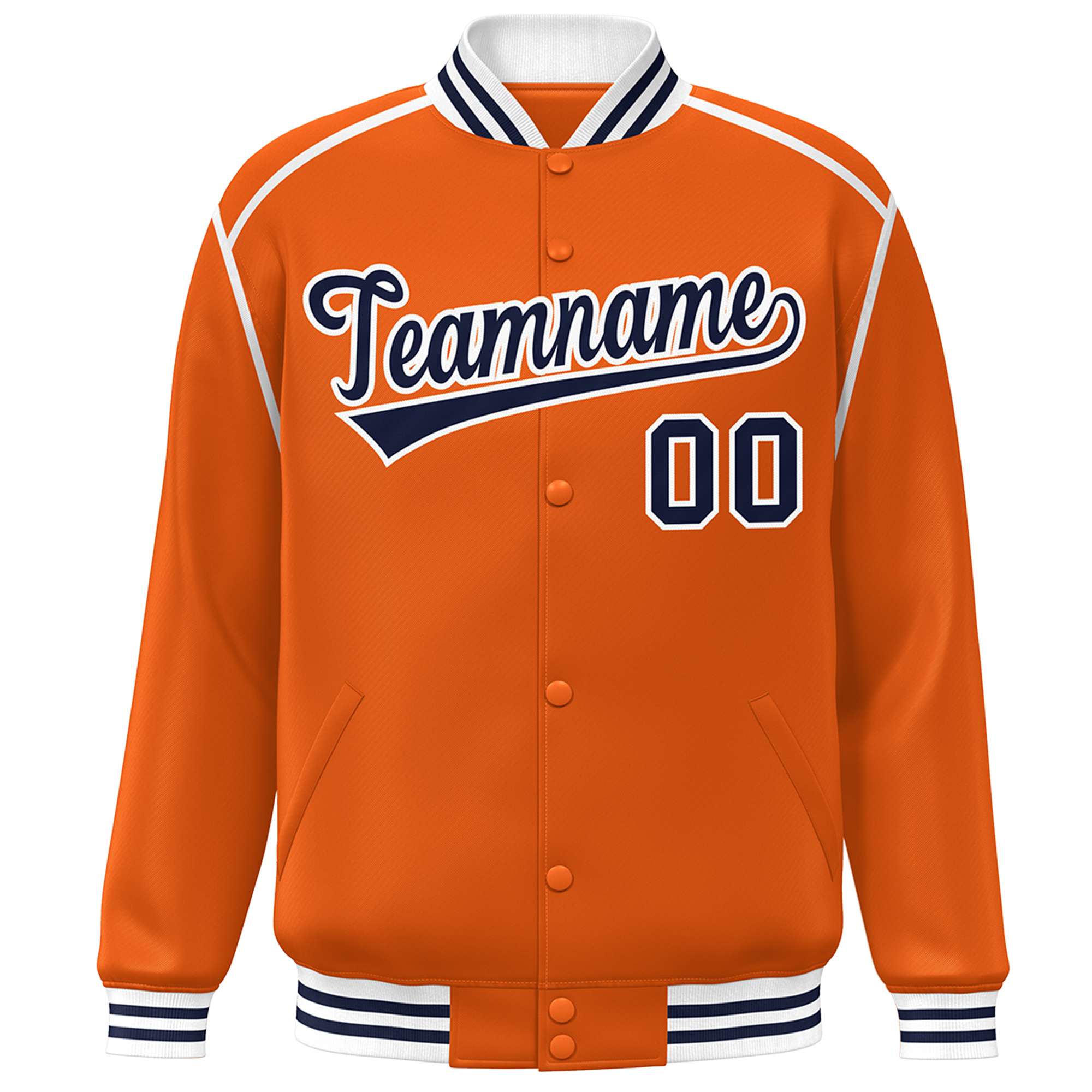 Custom Orange Navy-White Color Block Ribbon Varsity Full-Snap Bomber Jacket