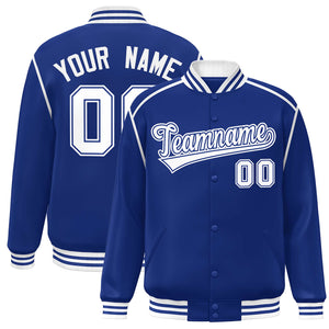 Custom Royal White Color Block Ribbon Varsity Full-Snap Bomber Jacket