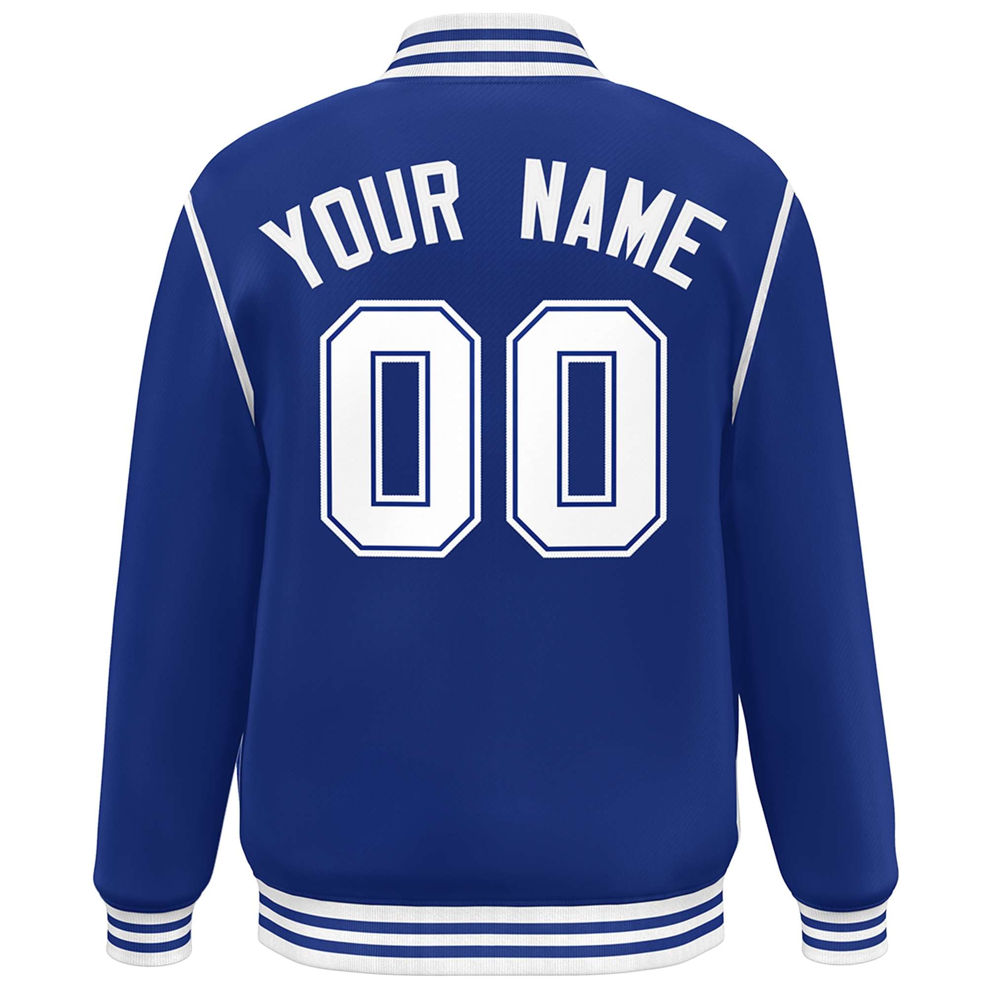 Custom Royal White Color Block Ribbon Varsity Full-Snap Bomber Jacket