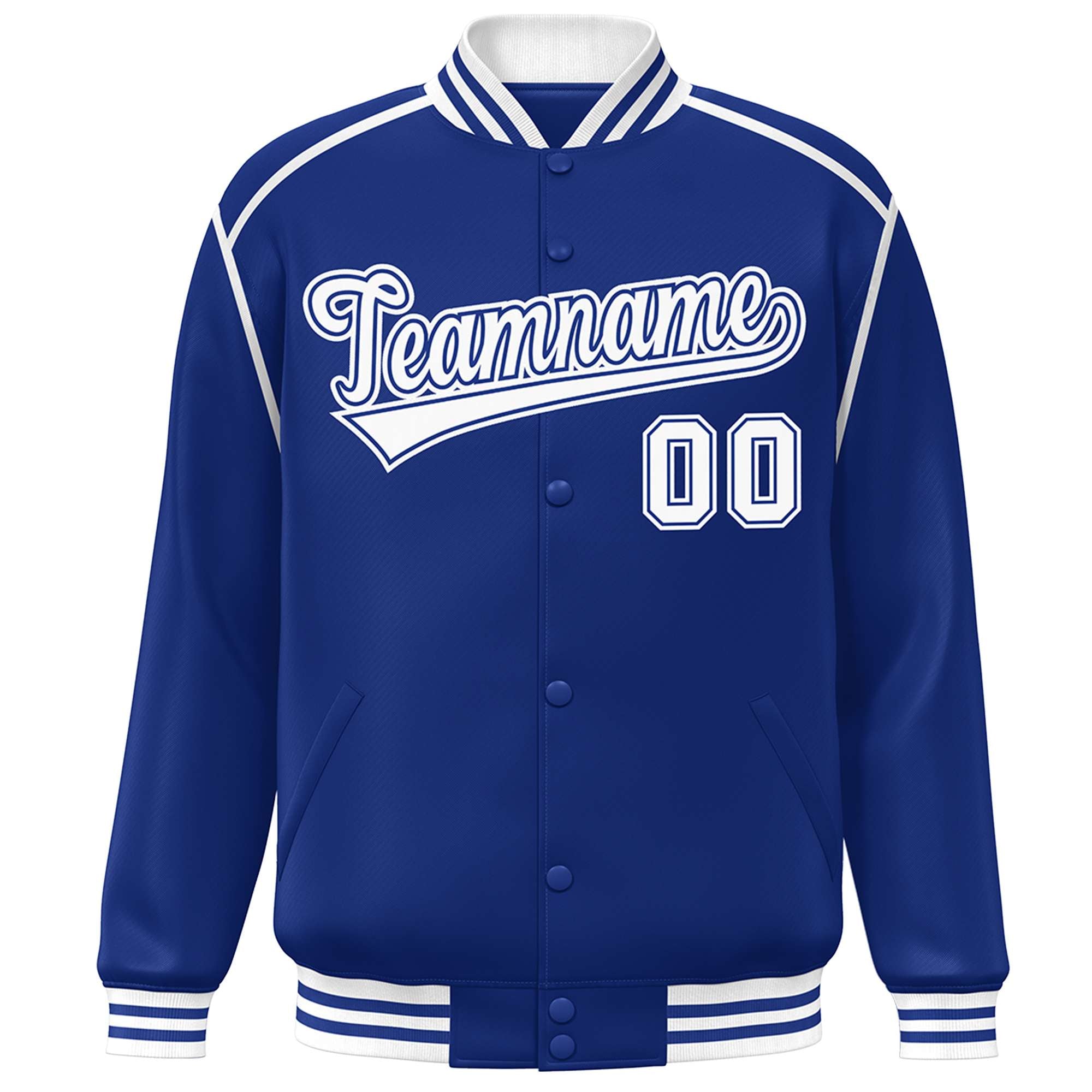 Custom Royal White Color Block Ribbon Varsity Full-Snap Bomber Jacket