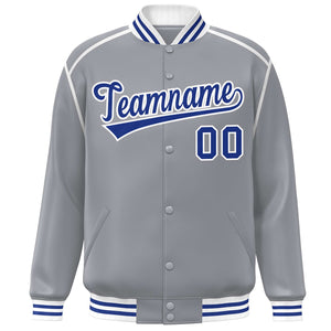 Custom Gray Royal-White Color Block Ribbon Varsity Full-Snap Bomber Jacket