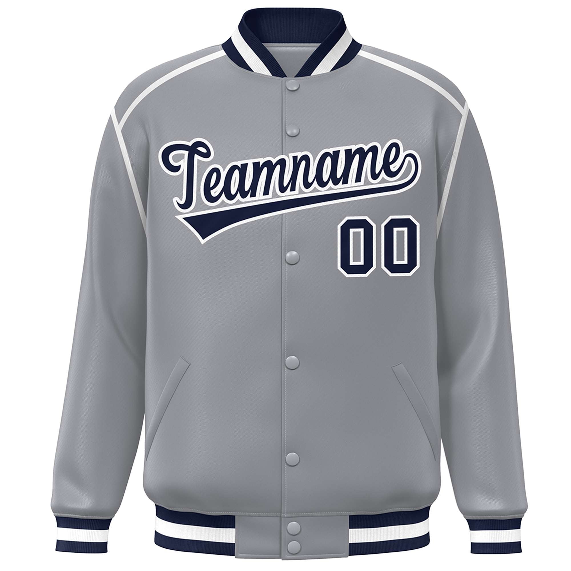 Custom Gray Navy-White Color Block Ribbon Varsity Full-Snap Bomber Jacket