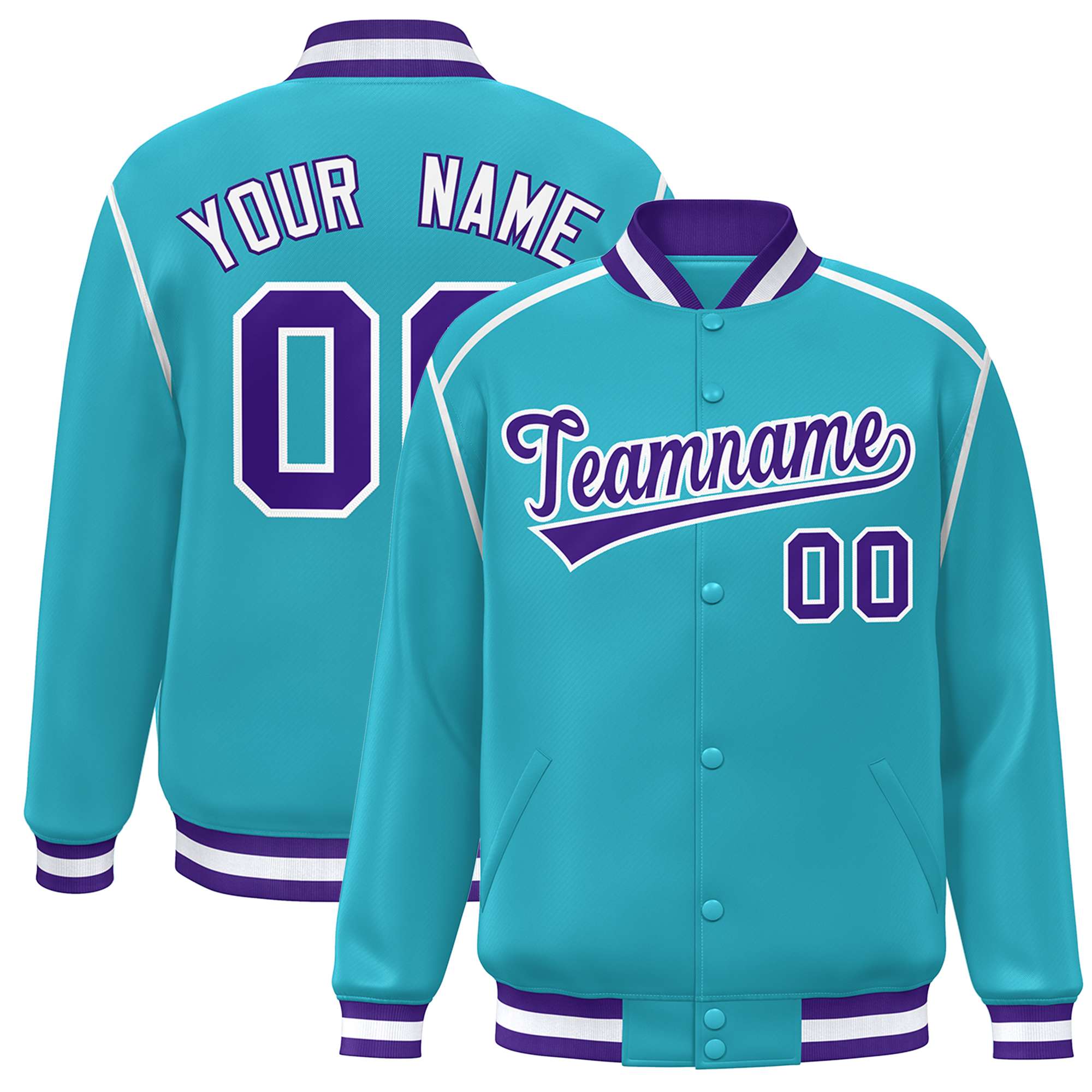 Custom Aqua Purple-White Color Block Ribbon Varsity Full-Snap Bomber Jacket