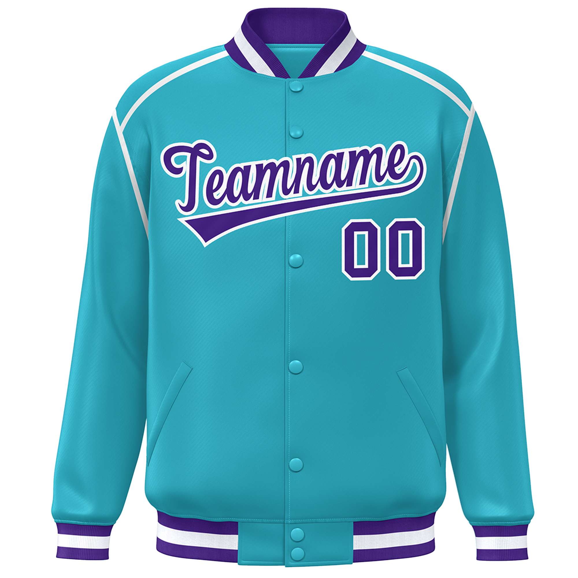 Custom Aqua Purple-White Color Block Ribbon Varsity Full-Snap Bomber Jacket