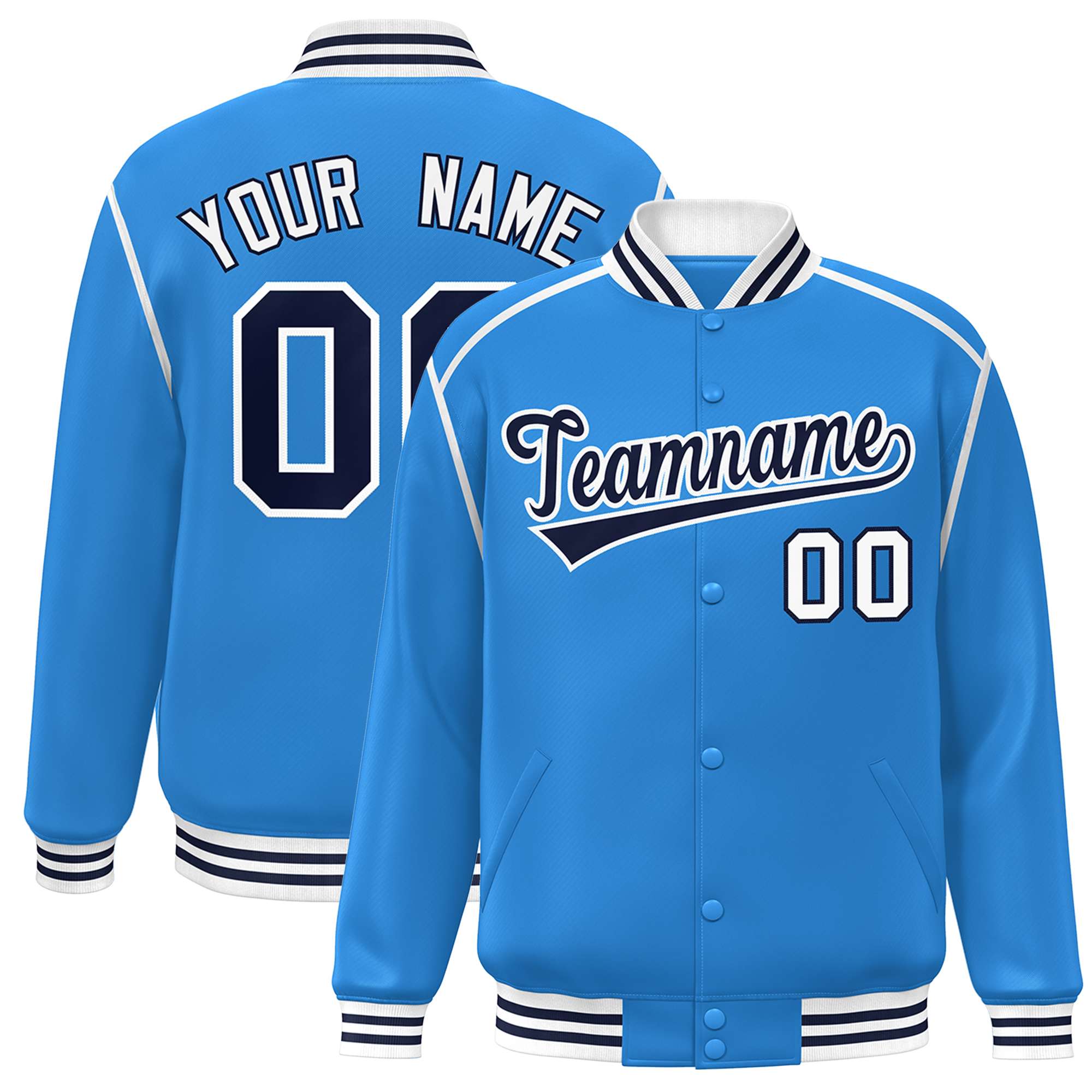 Custom Powder Blue Navy-White Color Block Ribbon Varsity Full-Snap Bomber Jacket