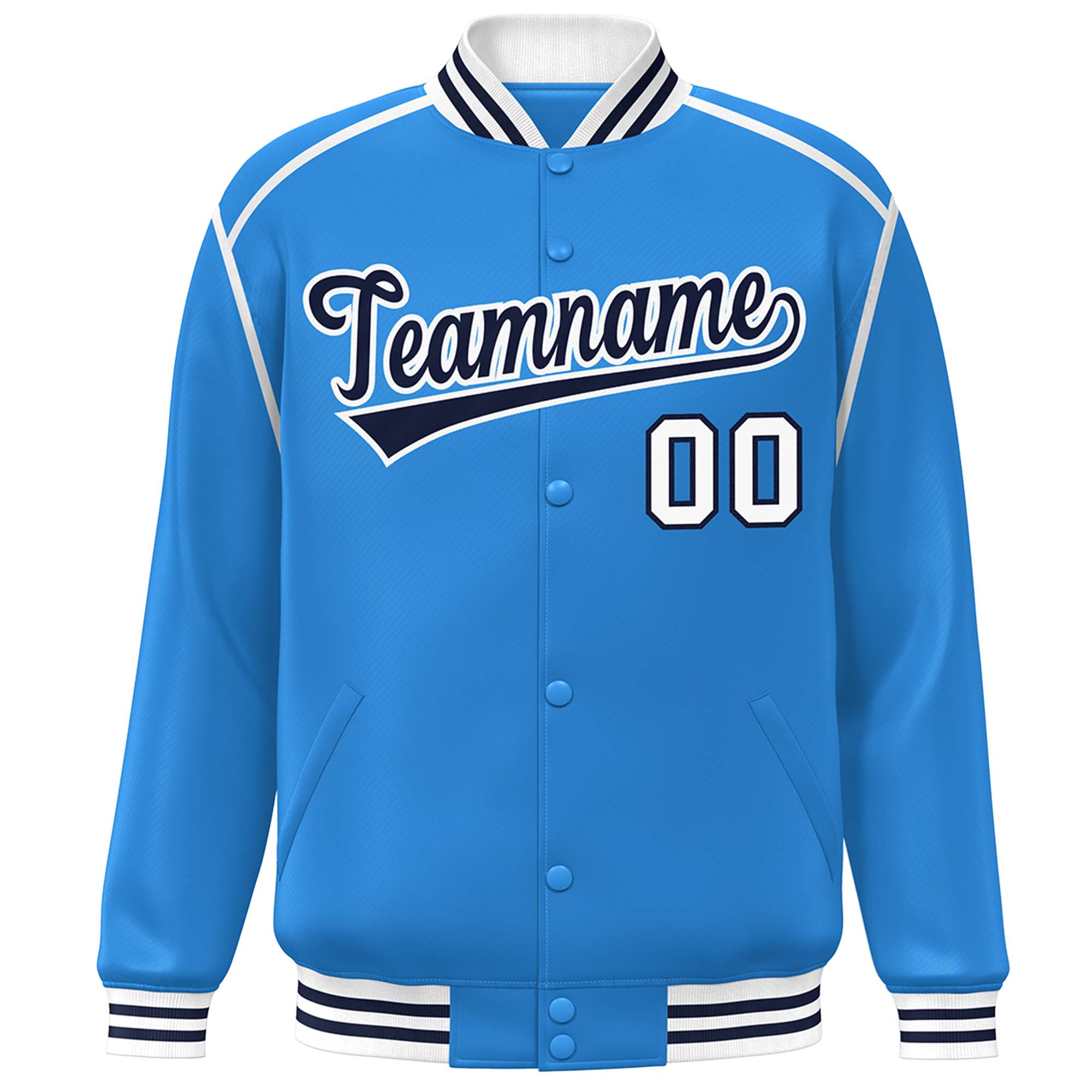 Custom Powder Blue Navy-White Color Block Ribbon Varsity Full-Snap Bomber Jacket