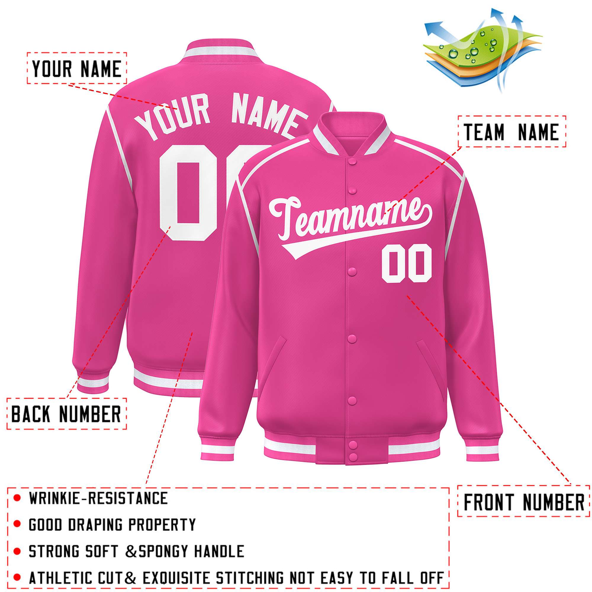 Custom Pink White Color Block Ribbon Varsity Full-Snap Bomber Jacket