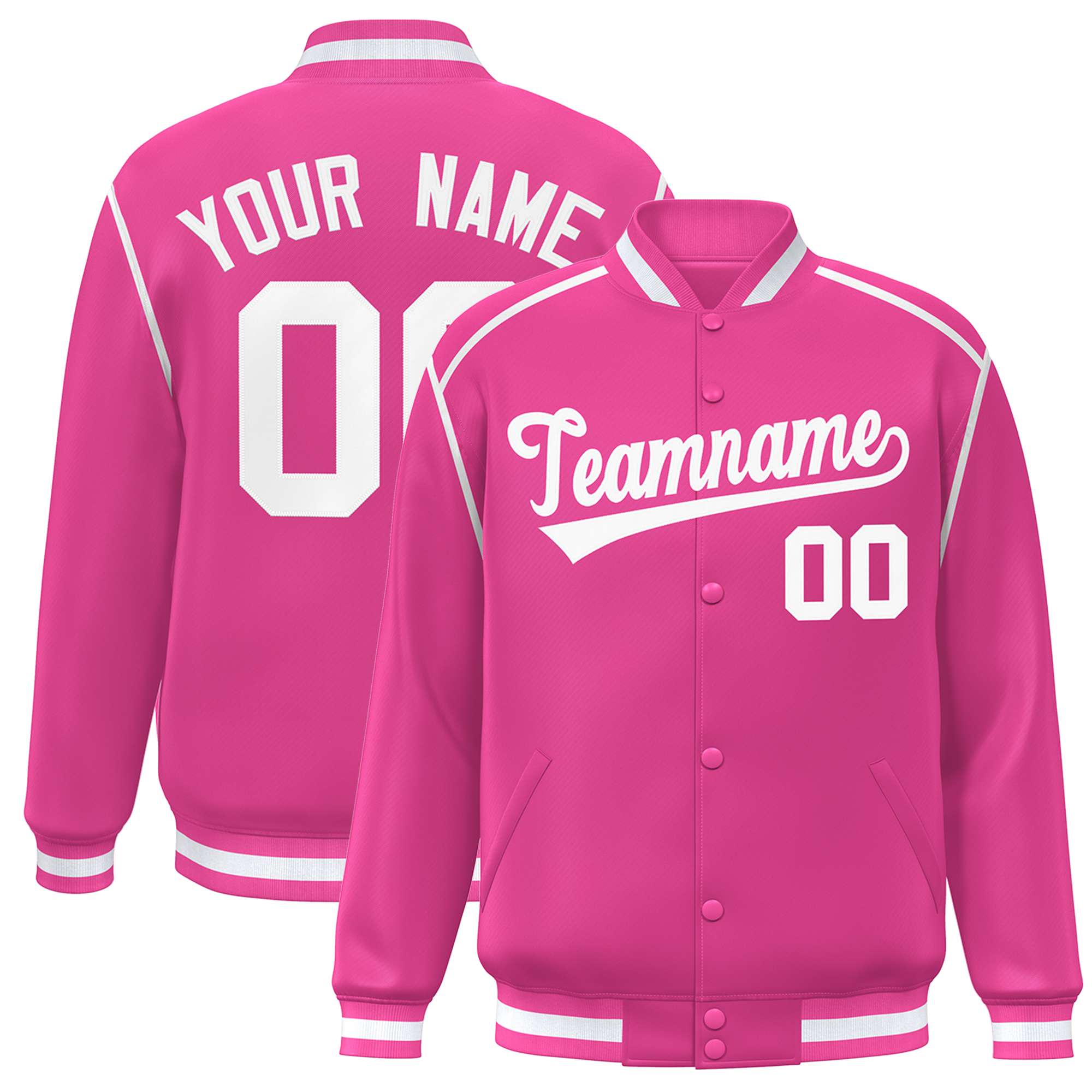 Custom Pink White Color Block Ribbon Varsity Full-Snap Bomber Jacket