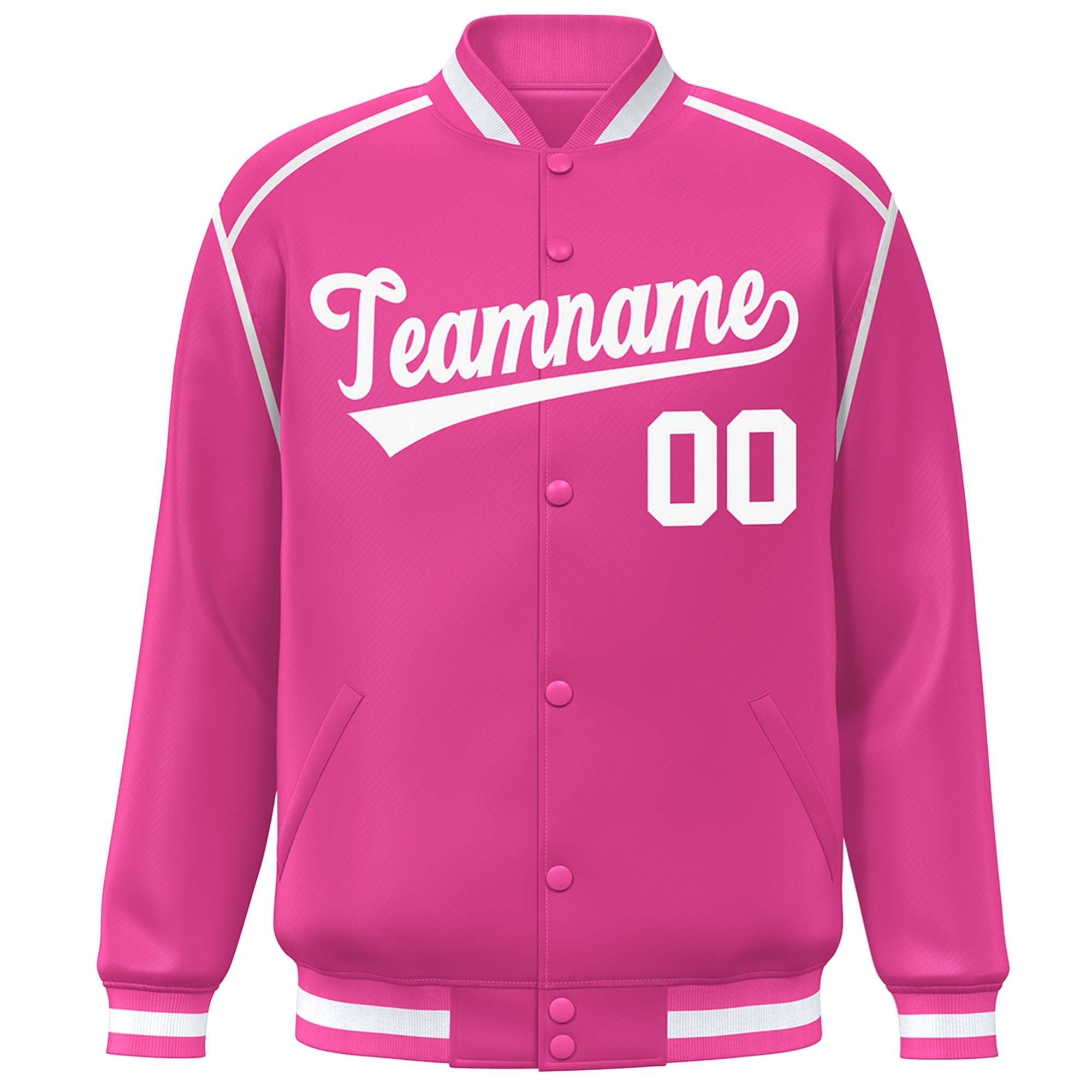 Custom Pink White Color Block Ribbon Varsity Full-Snap Bomber Jacket