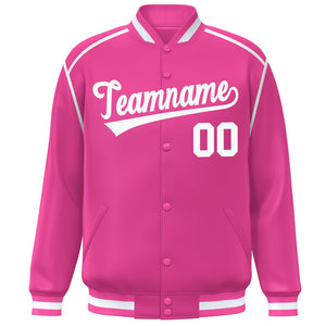 Custom Pink White Color Block Ribbon Varsity Full-Snap Bomber Jacket