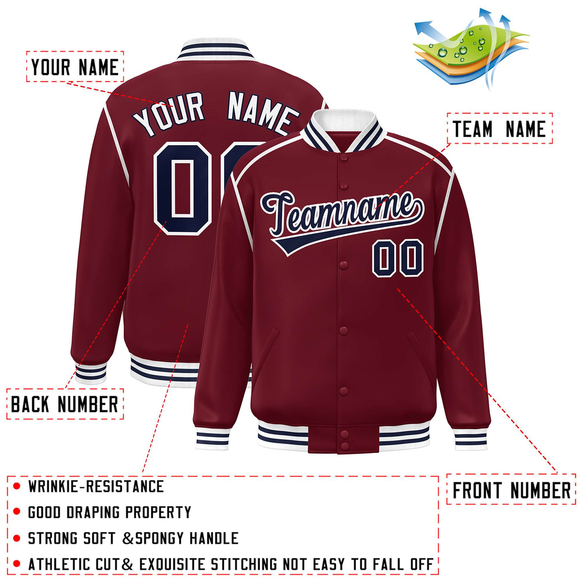 Custom Crimson Navy-White Color Block Ribbon Varsity Full-Snap Bomber Jacket