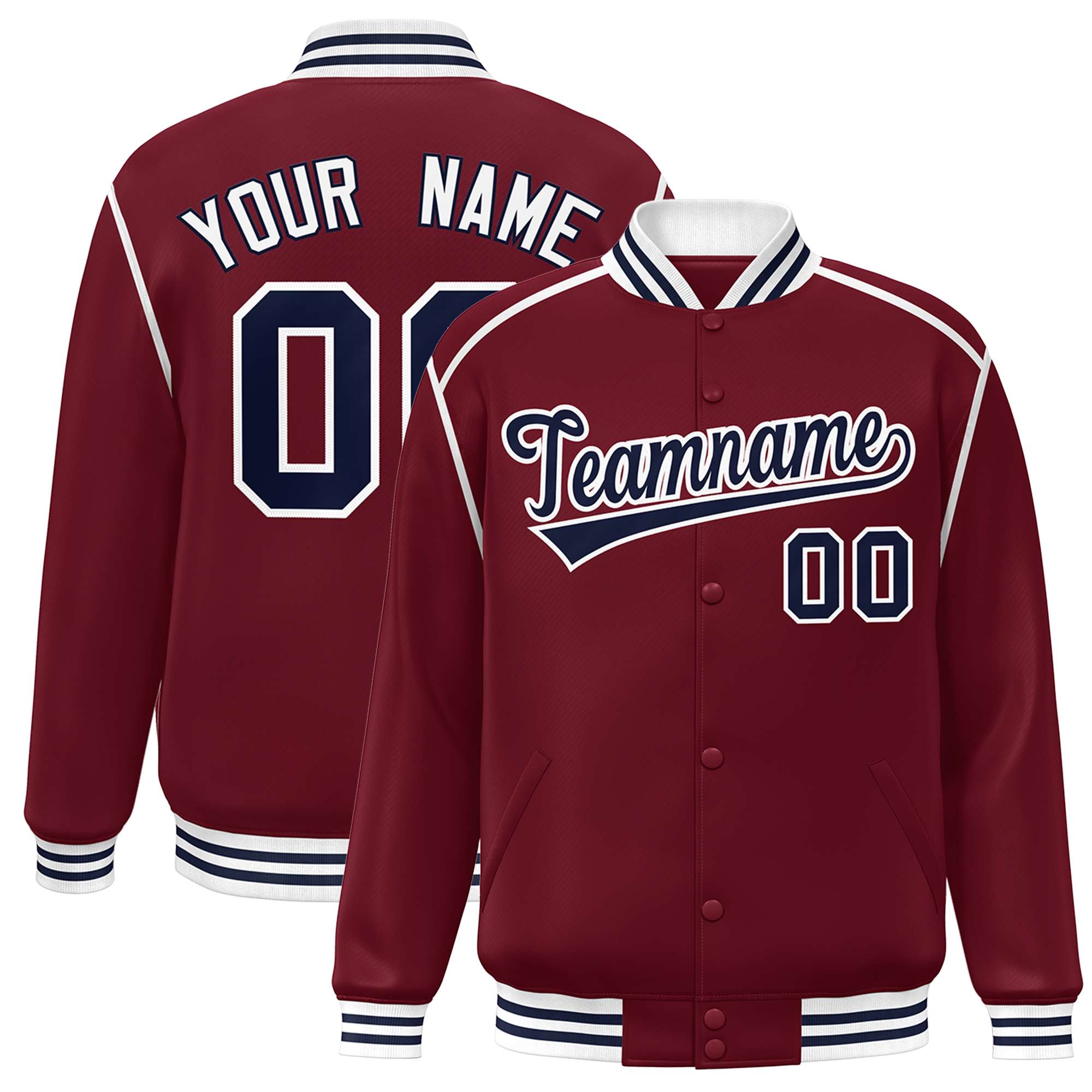 Custom Crimson Navy-White Color Block Ribbon Varsity Full-Snap Bomber Jacket