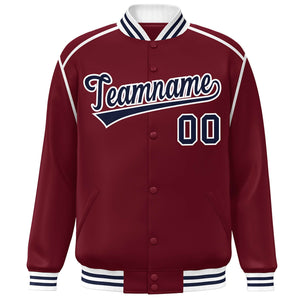 Custom Crimson Navy-White Color Block Ribbon Varsity Full-Snap Bomber Jacket