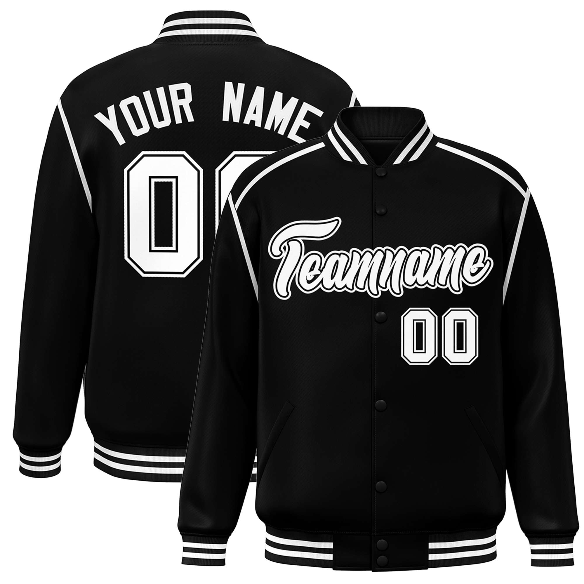 Custom Black White Color Block Ribbon Varsity Full-Snap Bomber Jacket