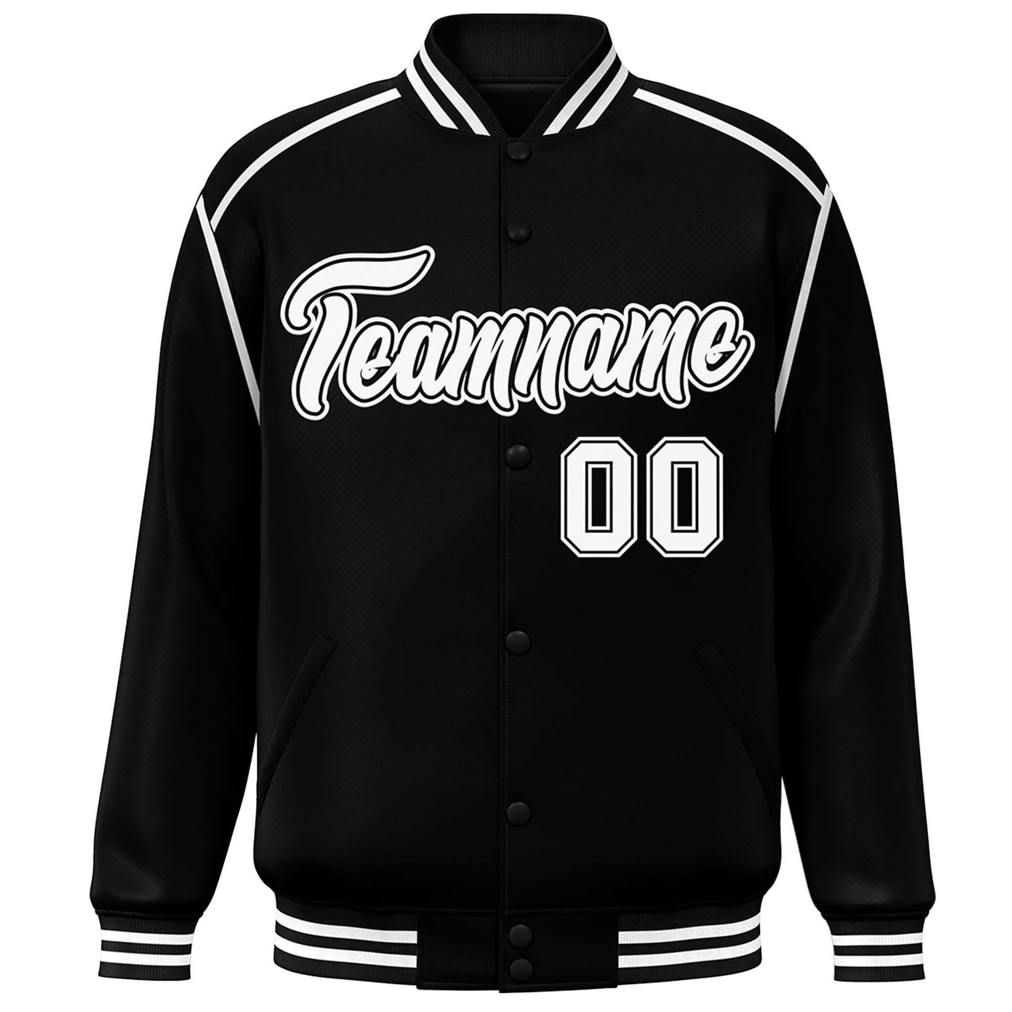 Custom Black White Color Block Ribbon Varsity Full-Snap Bomber Jacket