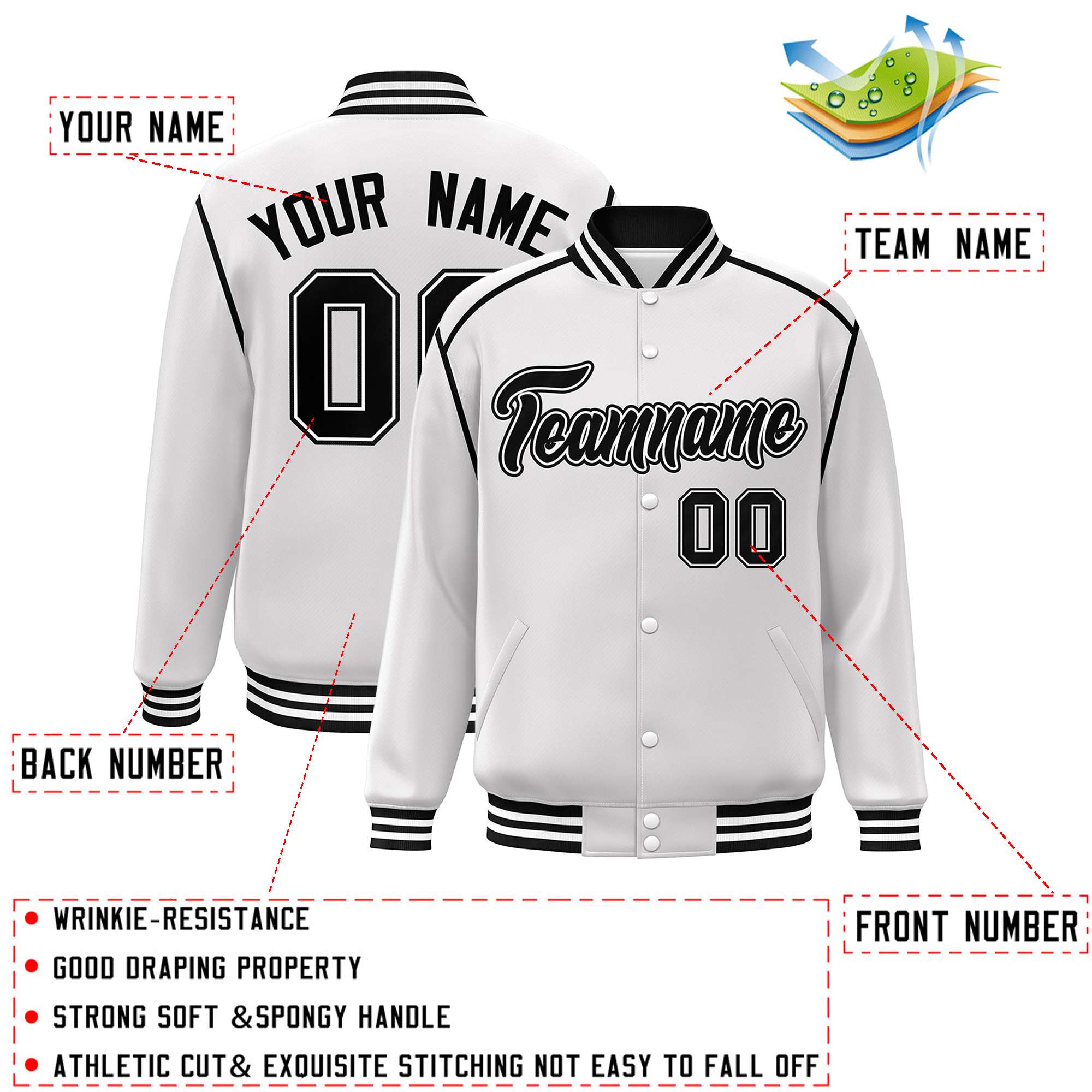 Custom White Black Color Block Ribbon Varsity Full-Snap Bomber Jacket