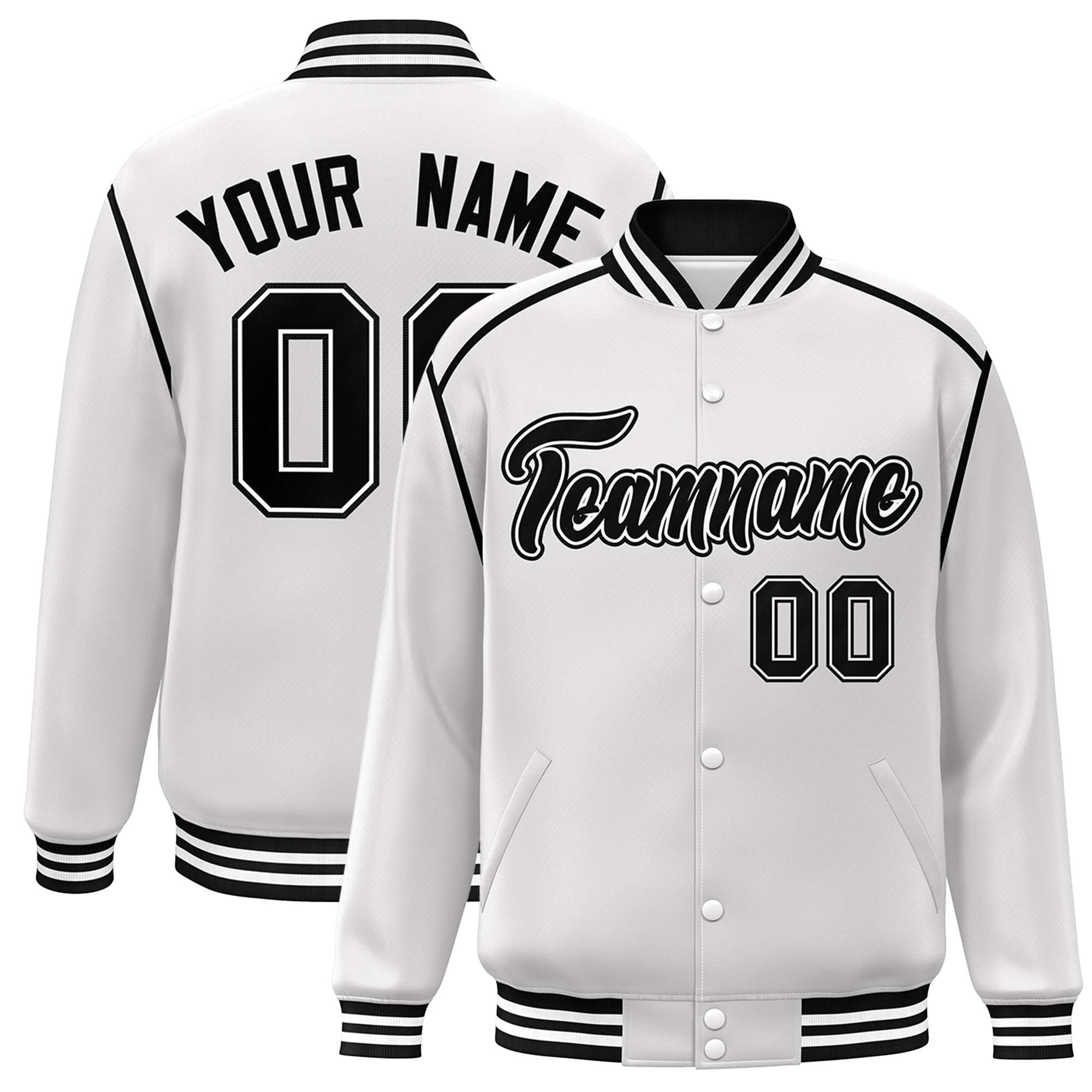 Custom White Black Color Block Ribbon Varsity Full-Snap Bomber Jacket