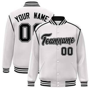 Custom White Black Color Block Ribbon Varsity Full-Snap Bomber Jacket