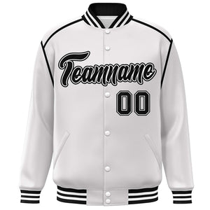 Custom White Black Color Block Ribbon Varsity Full-Snap Bomber Jacket