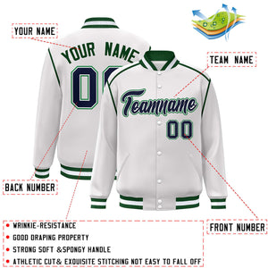 Custom White Navy-Green Color Block Ribbon Varsity Full-Snap Bomber Jacket