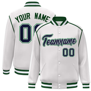 Custom White Navy-Green Color Block Ribbon Varsity Full-Snap Bomber Jacket