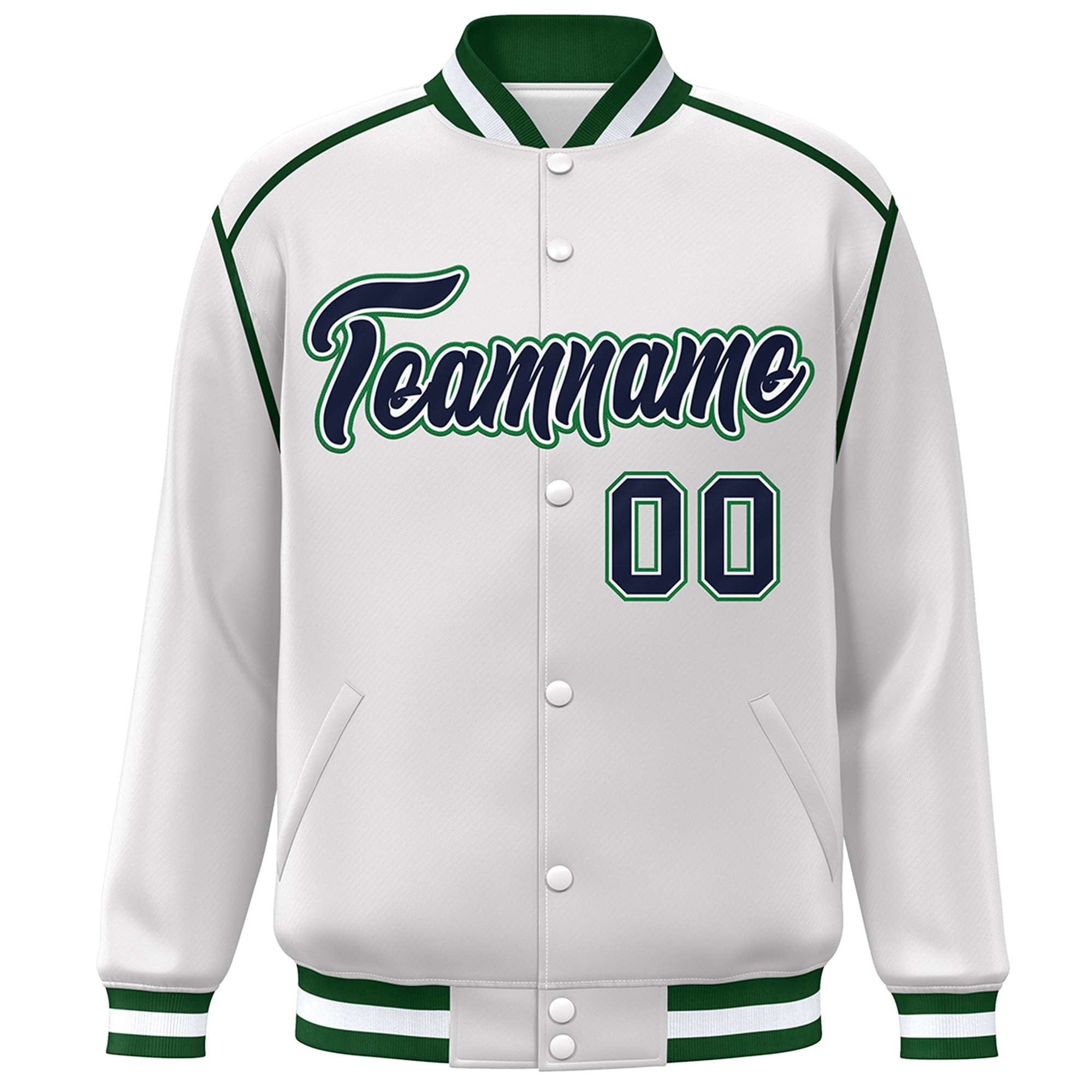 Custom White Navy-Green Color Block Ribbon Varsity Full-Snap Bomber Jacket