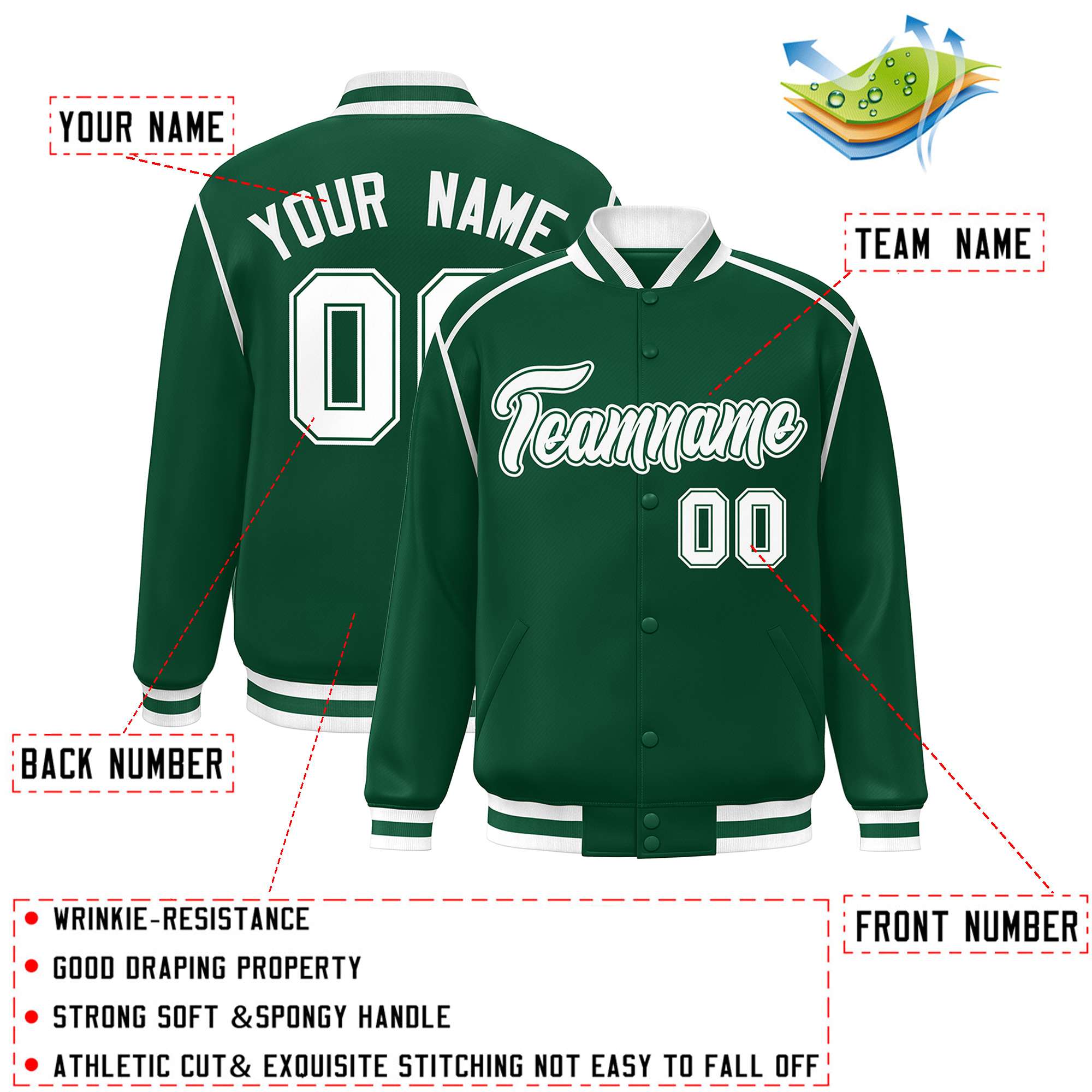 Custom Green White Color Block Ribbon Varsity Full-Snap Bomber Jacket