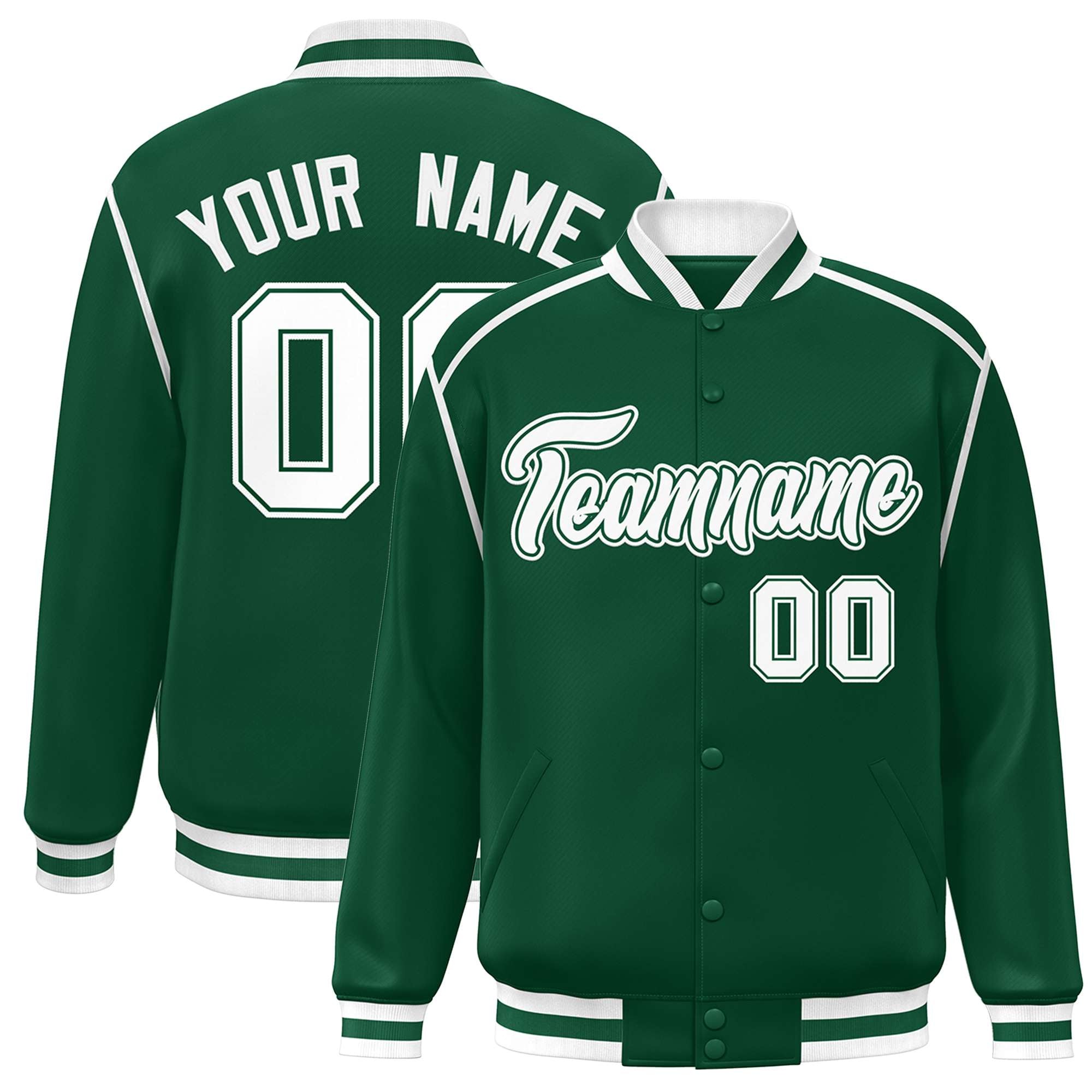 Custom Green White Color Block Ribbon Varsity Full-Snap Bomber Jacket