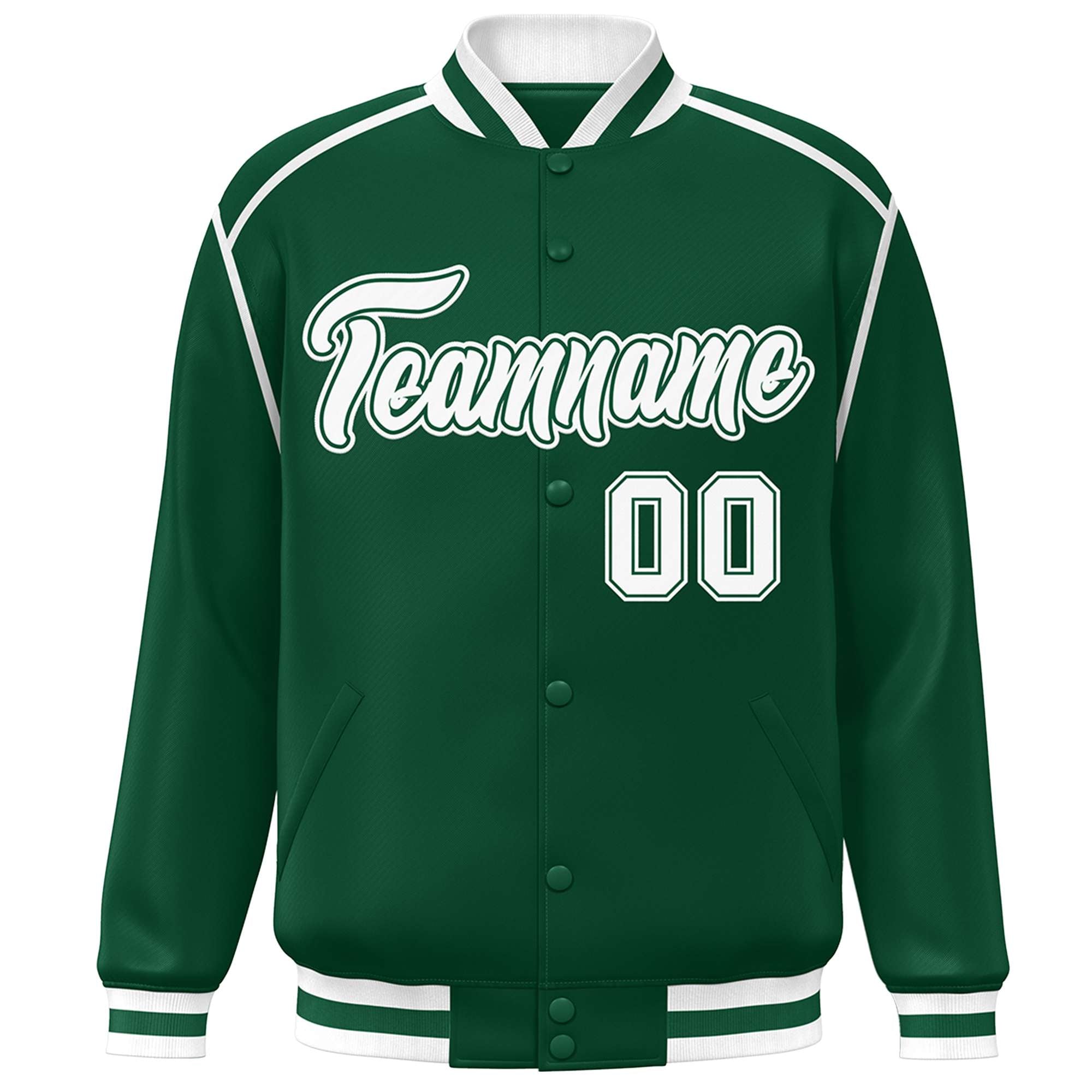 Custom Green White Color Block Ribbon Varsity Full-Snap Bomber Jacket