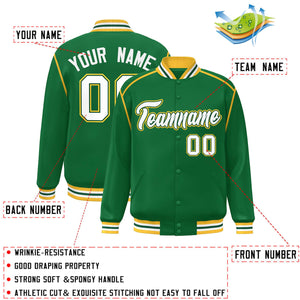 Custom Kelly Green White-Yellow Color Block Ribbon Varsity Full-Snap Bomber Jacket