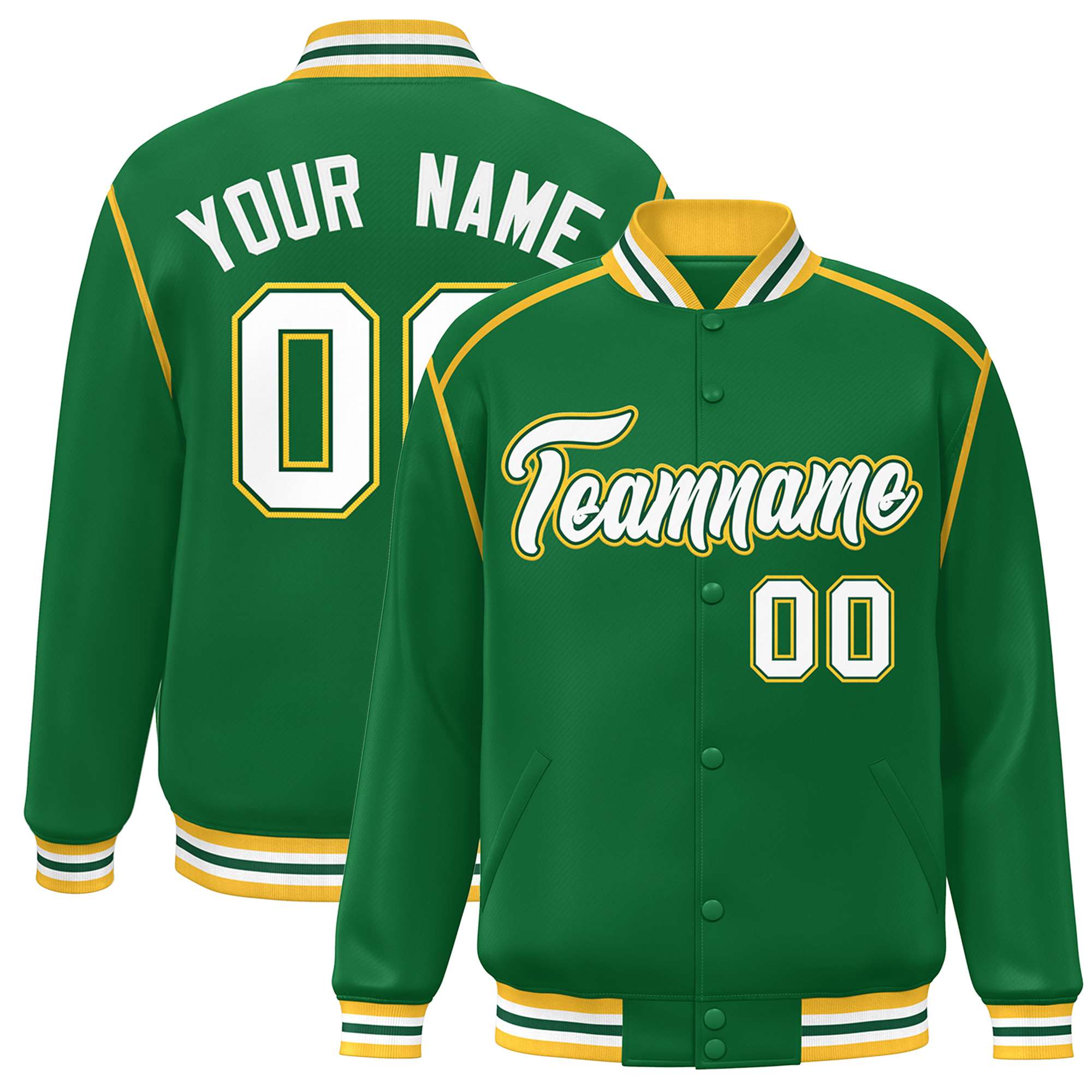 Custom Kelly Green White-Yellow Color Block Ribbon Varsity Full-Snap Bomber Jacket