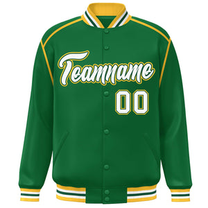 Custom Kelly Green White-Yellow Color Block Ribbon Varsity Full-Snap Bomber Jacket