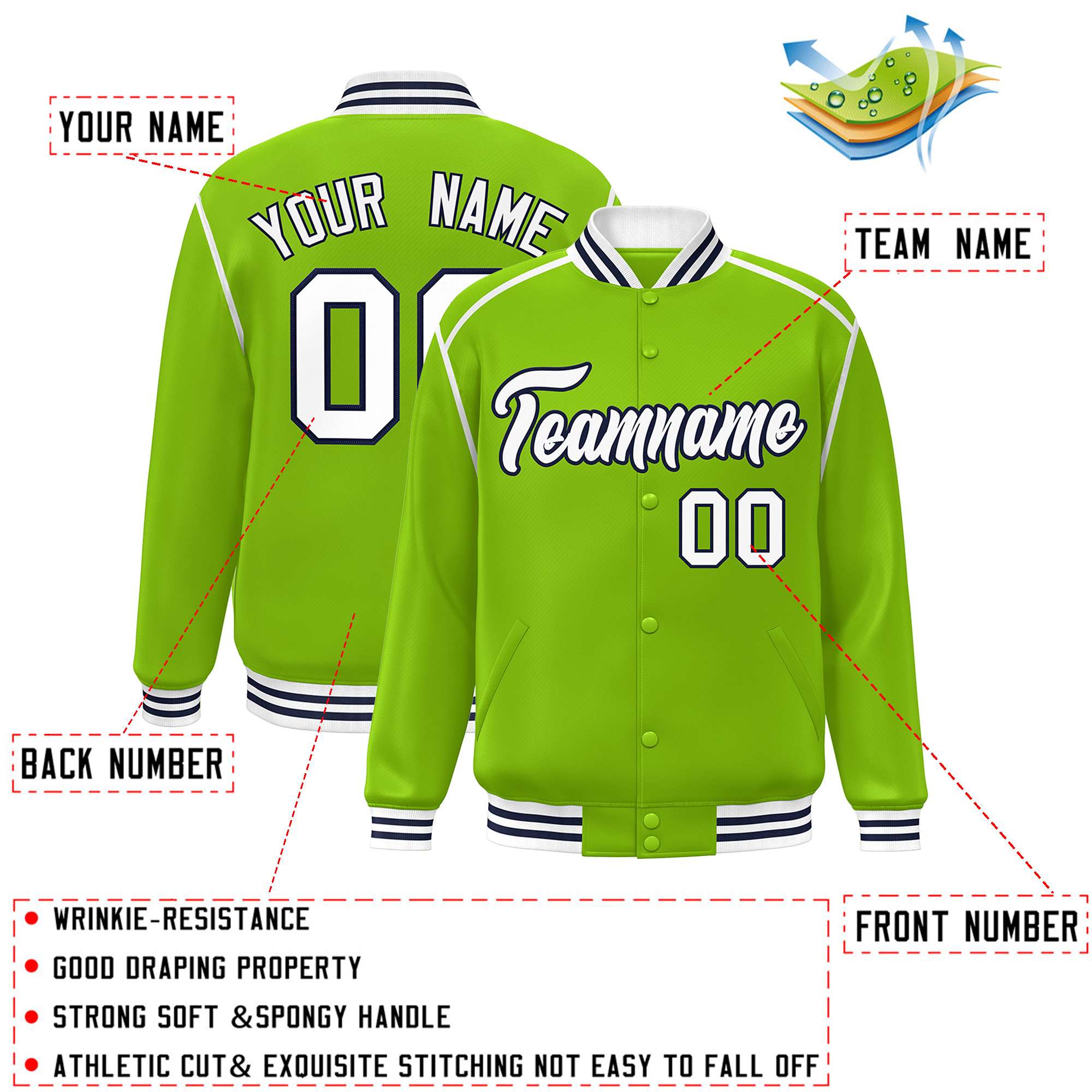 Custom Neon Green White-Navy Color Block Ribbon Varsity Full-Snap Bomber Jacket