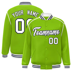 Custom Neon Green White-Navy Color Block Ribbon Varsity Full-Snap Bomber Jacket