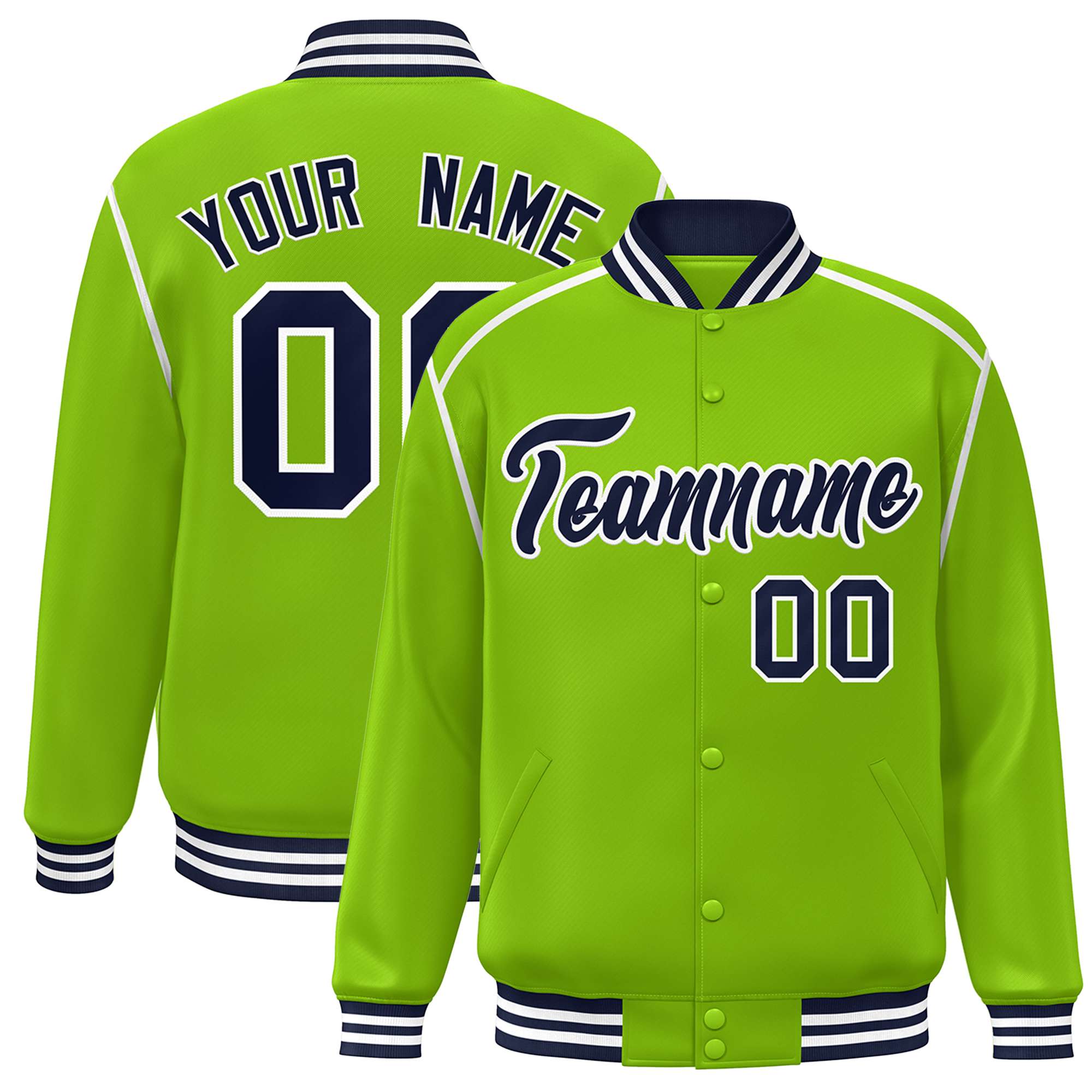 Custom Neon Green Navy-White Color Block Ribbon Varsity Full-Snap Bomber Jacket